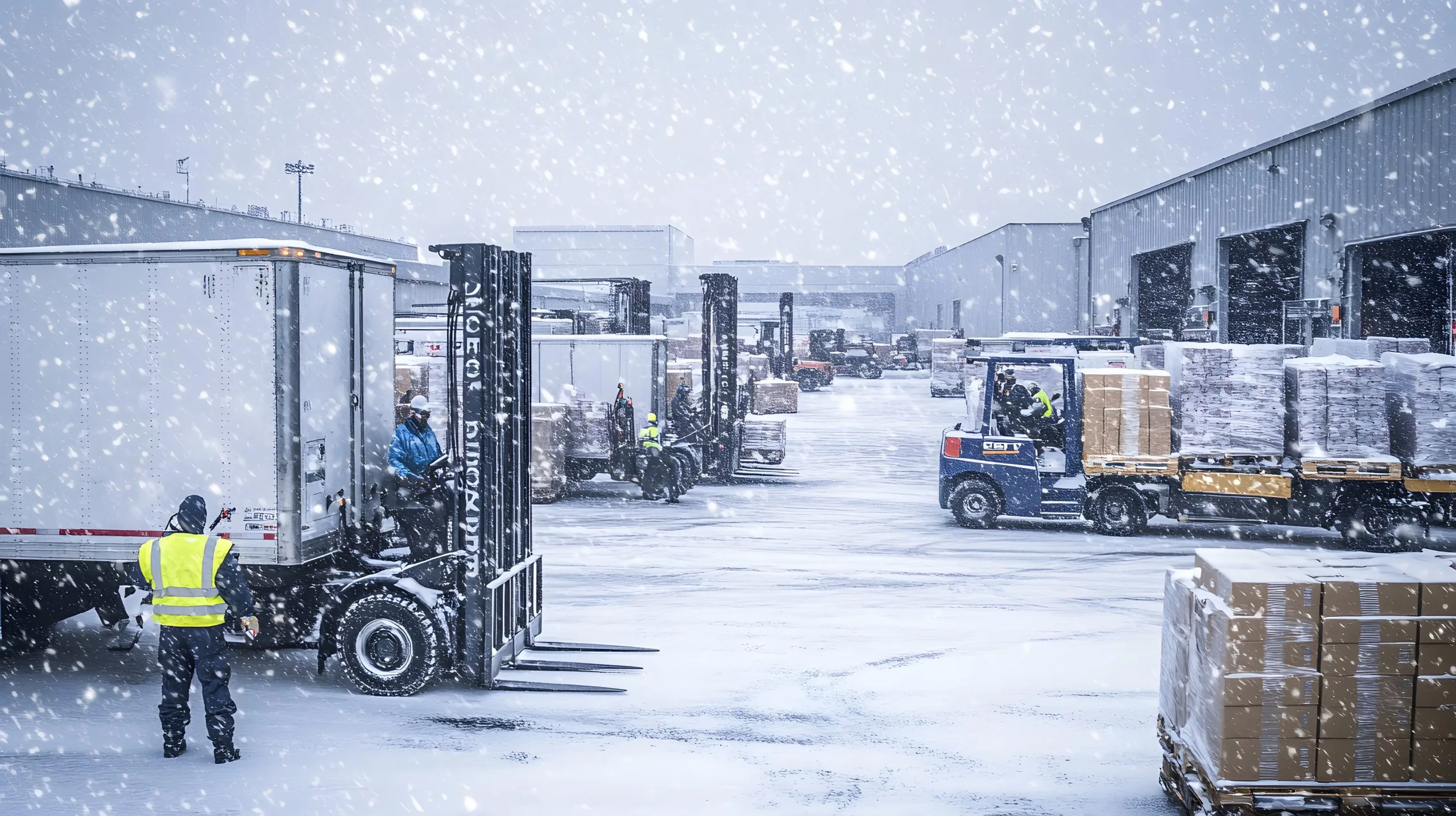 France Cold Chain Logistics Market Outlook to 2035 snowfall-active-warehouse-yard-with-trucks-pallets-scaled
