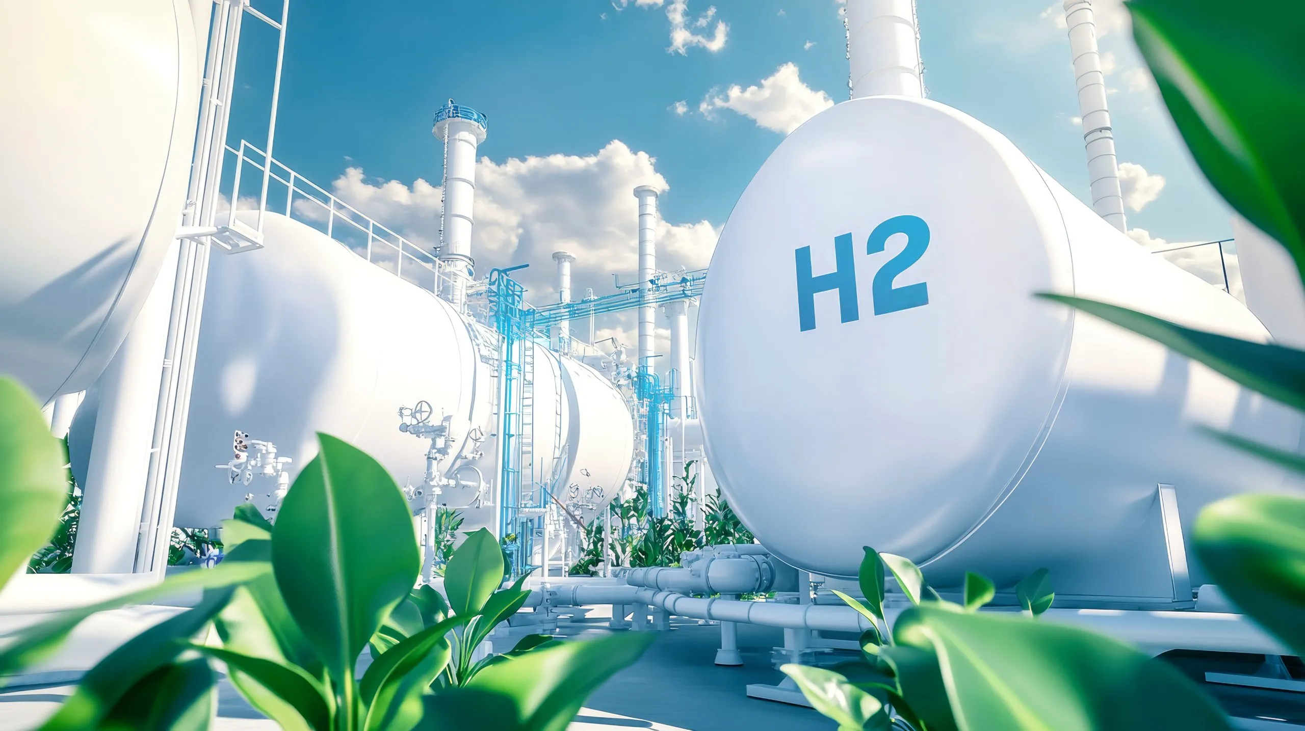 Nigeria Green Hydrogen Market Outlook to 2035 stateoftheart-hydrogen-production-facility-features-towering-cylindrical-tanks-adorned-with-h2-labels-surrounded-by-vibrant-green-leaves-white-metal-structures-scaled