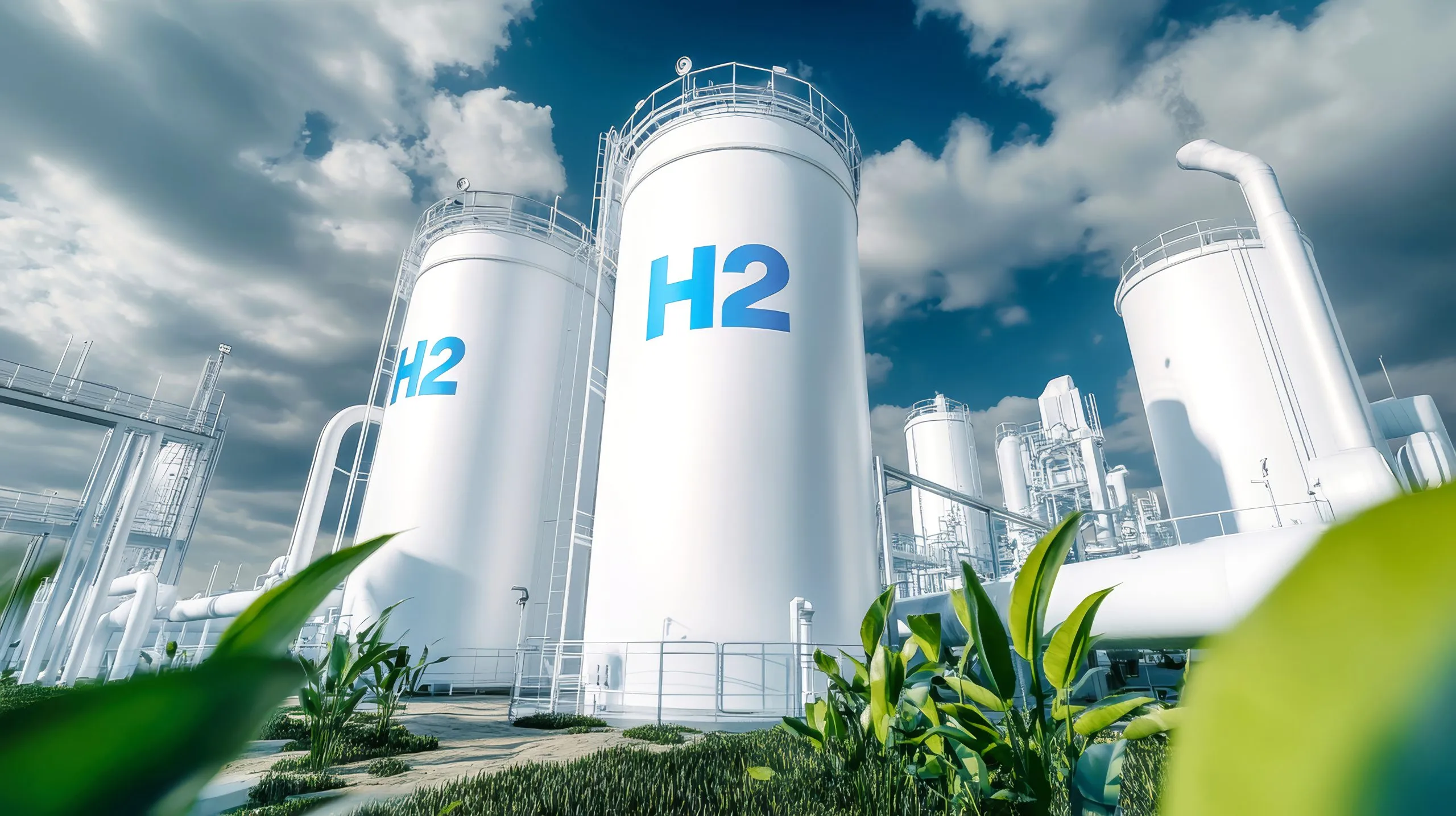 USA Green Hydrogen Market Outlook to 2035 striking-hydrogen-production-factory-features-shiny-white-cylindrical-tanks-adorned-with-blue-h2-lettering-surrounded-by-lush-green-leaves-radiant-daylight-setting-scaled