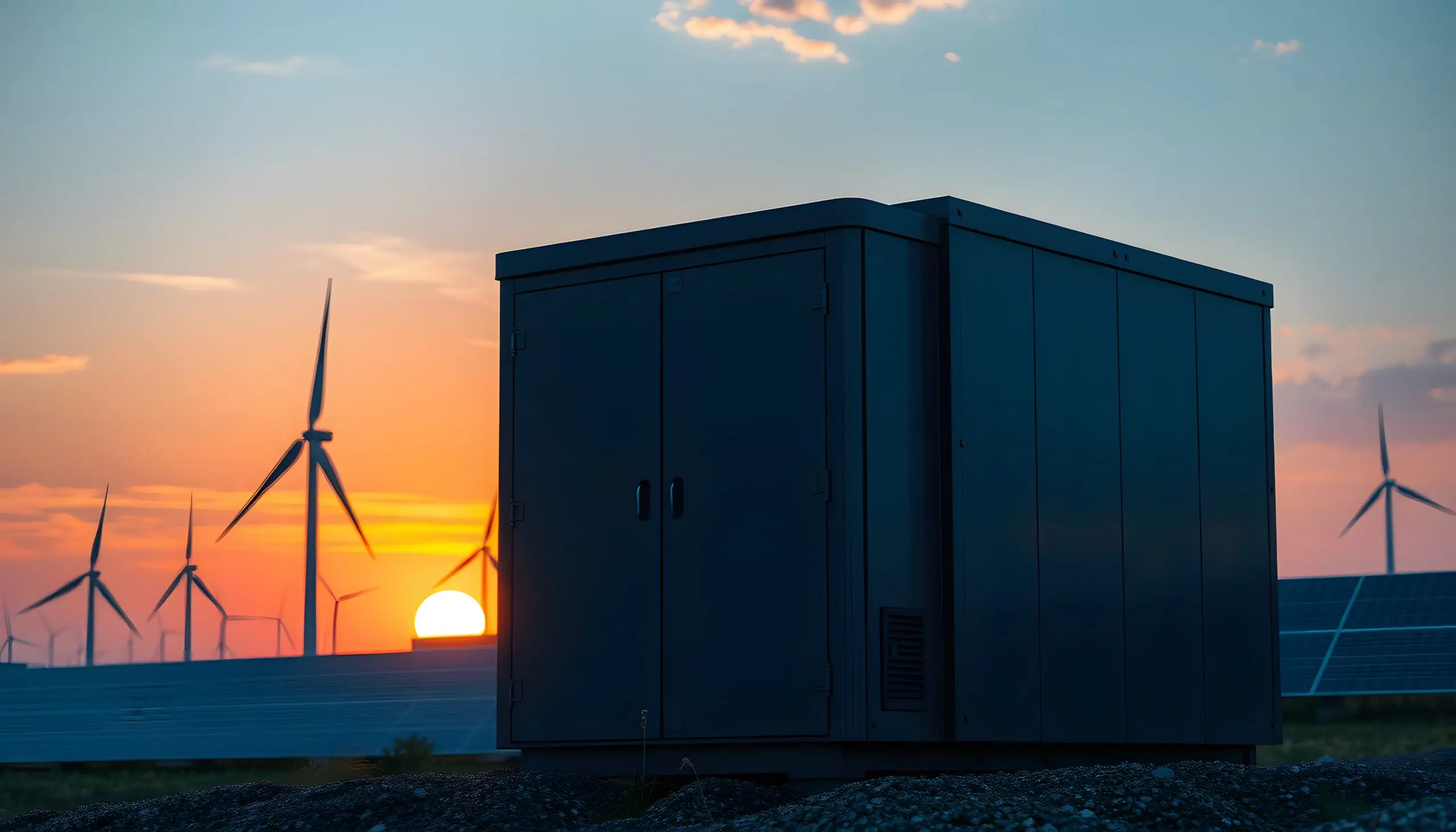 Germany Energy Storage Market Outlook to 2035 sunset-with-modern-battery-energy-storage-system-background-wind-turbines-solar-panel-scaled