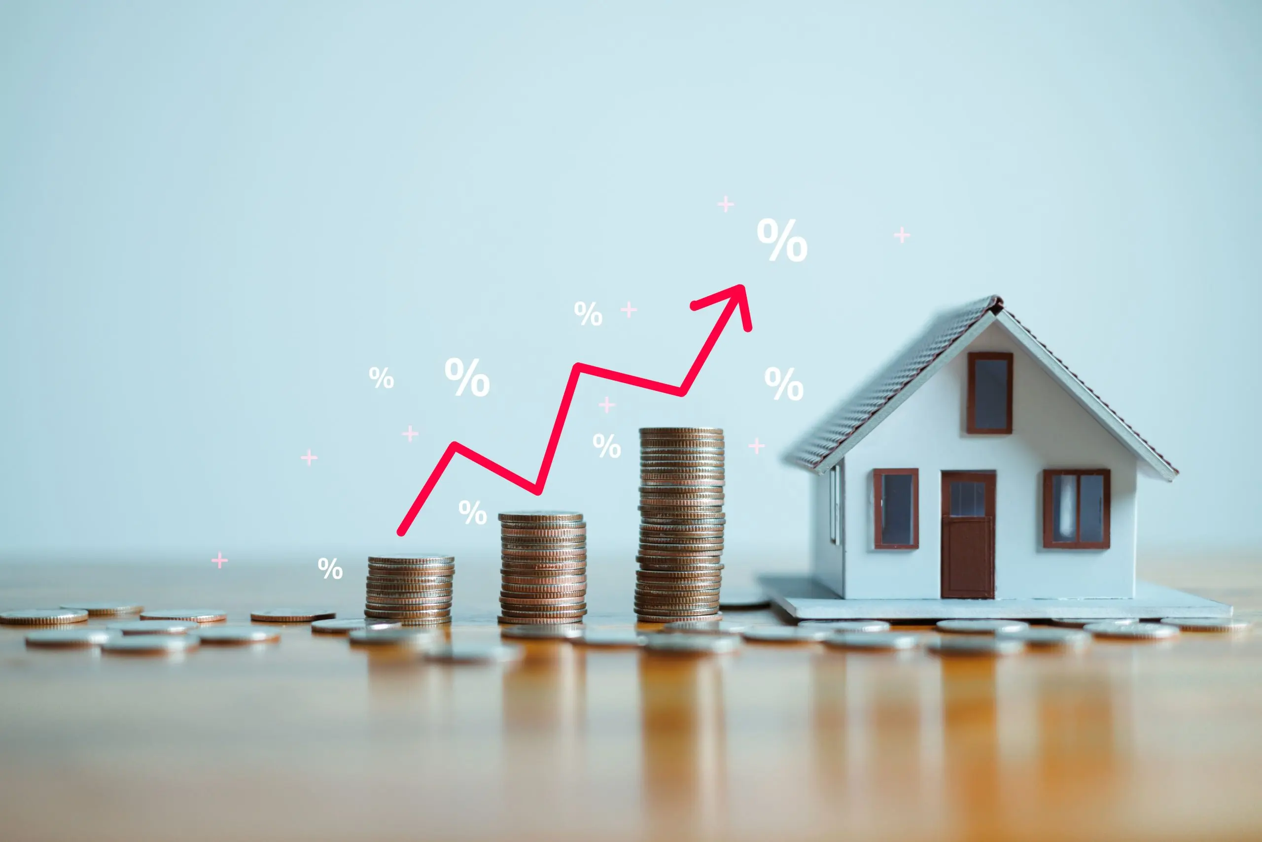 Canada home finance Market Outlook to 2035 up-arrow-shows-inflation-rate-interest-rates-increase-home-loan-mortgage-house-tax-investment-asset-management-concept-percentage-increasing-interest-rates-with-stacks-coins-1-scaled