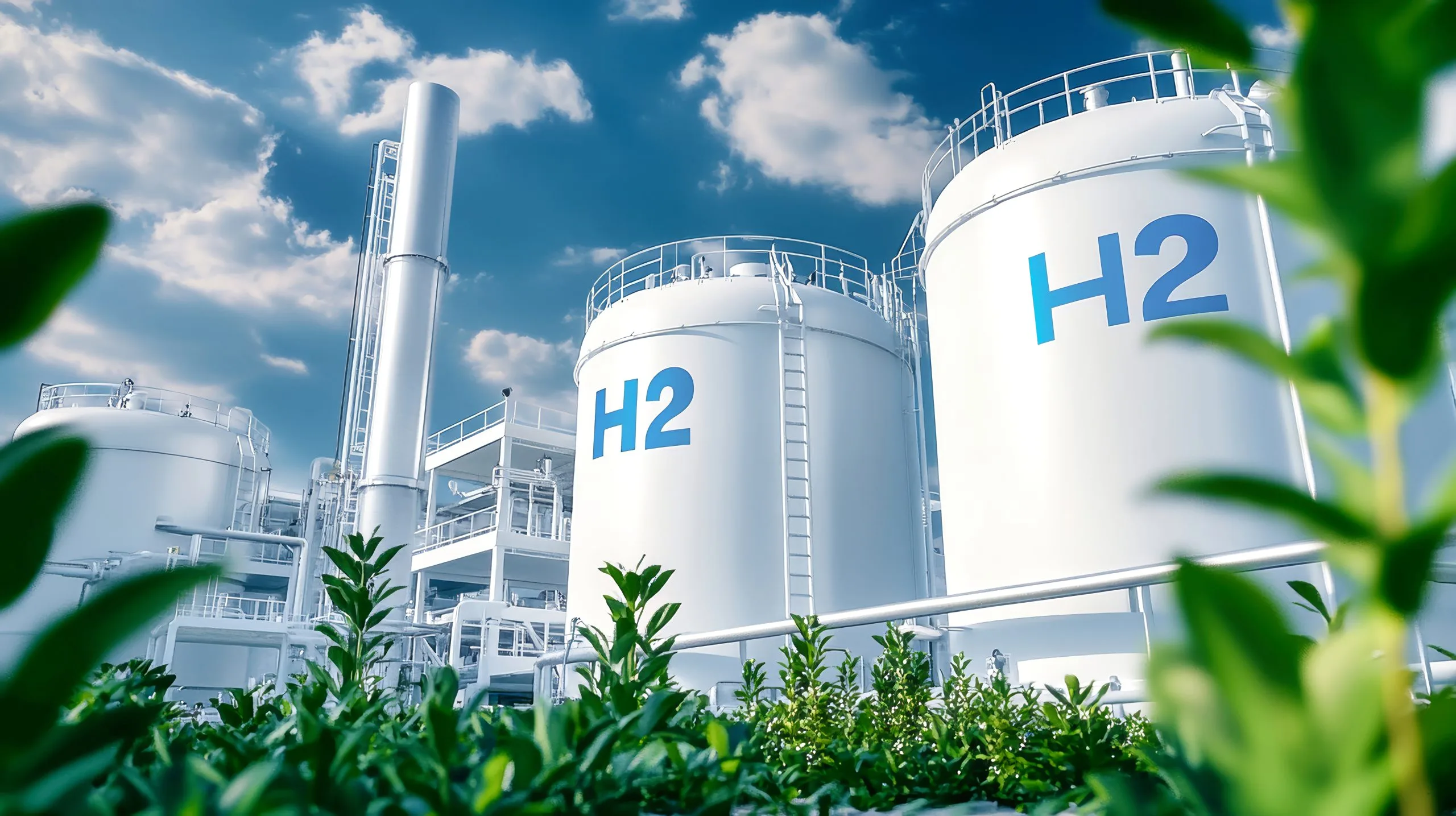 South Africa Green Hydrogen Market Outlook to 2035 vibrant-hydrogen-production-facility-white-cylindrical-tanks-marked-with-h2-stand-tall-amid-lush-green-leaves-enhanced-by-bright-daylight-picturesque-blue-sky-scaled