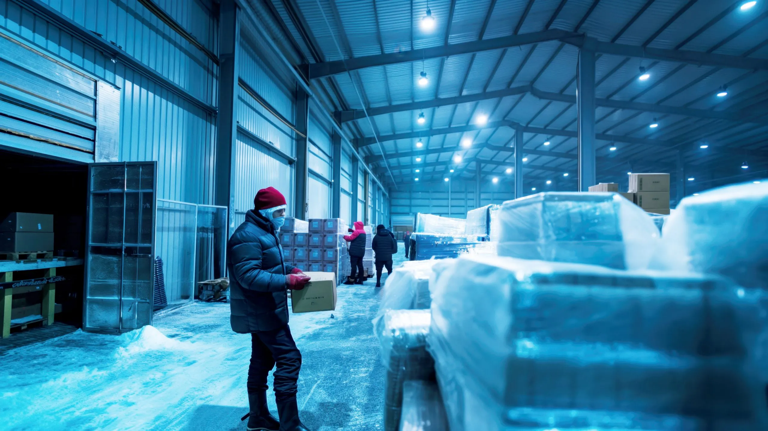 Qatar Cold Chain Logistics Market Outlook to 2035 workers-cold-storage-warehouse-handling-packages-night-shift-scaled