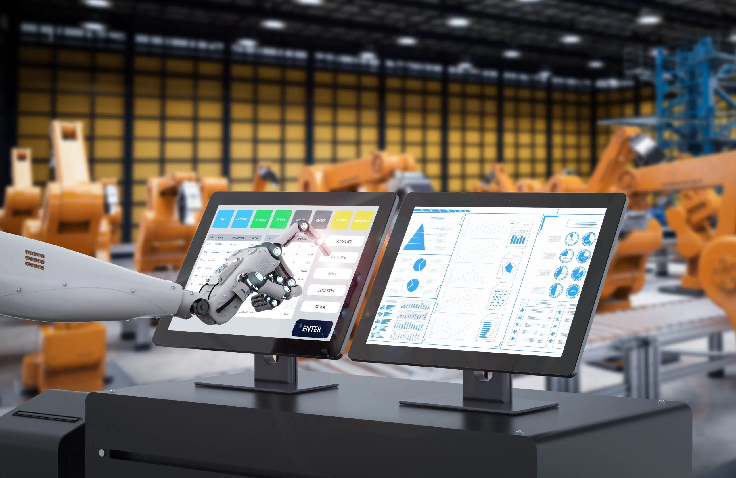 Exploring South Korea’s Thriving Industrial Automation Market with Key Trends, Insights, and Market Growth value of 10% CAGR 3d-rendering-robot-working-monitor-screen-factory-scaled