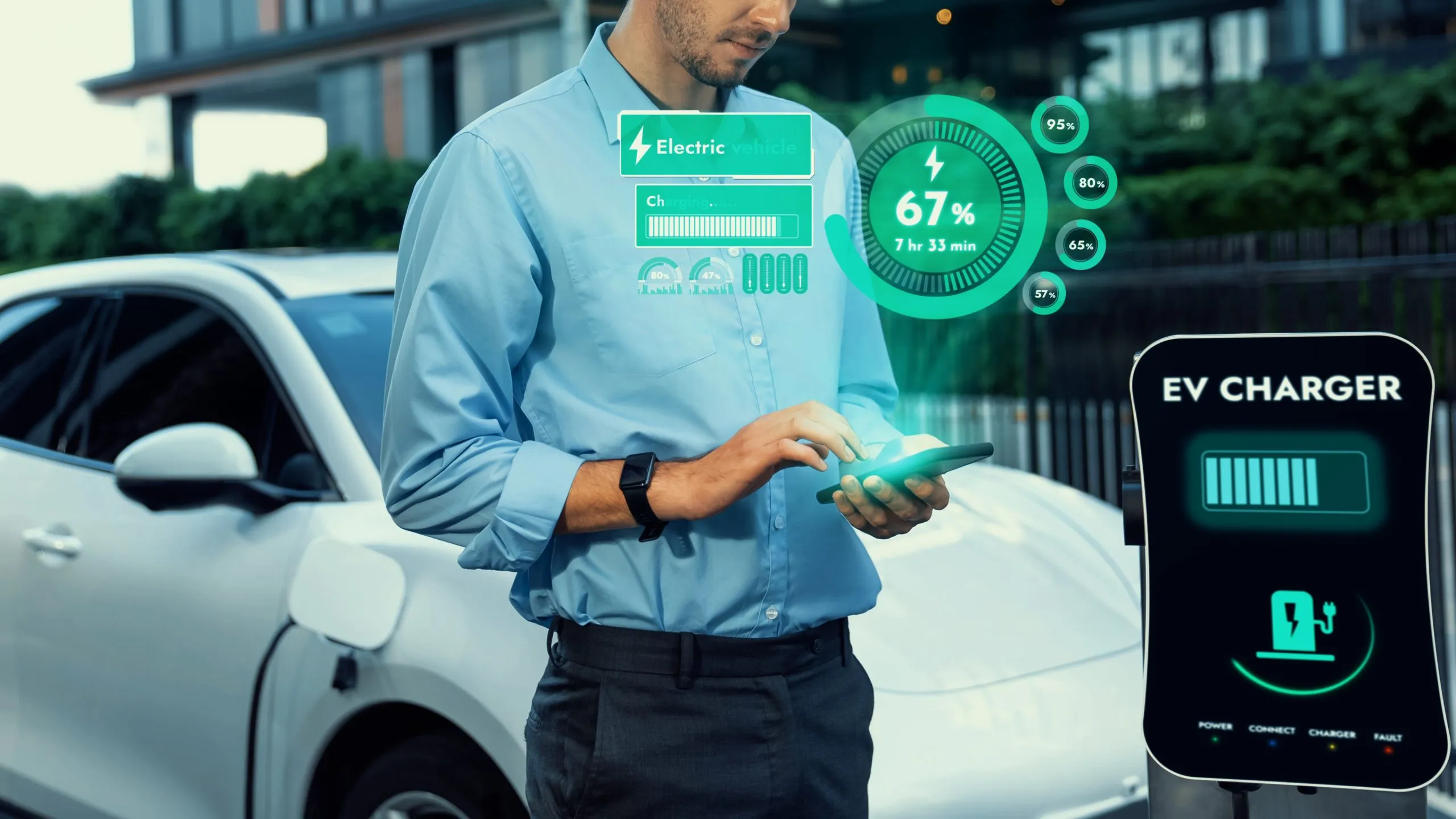 The Rise of EV Battery Management Systems in the Philippines with Market Set to Grow to USD 22.4 Billion in the coming years businessman-checking-battery-status-hologram-from-ev-smartphone-peruse-1-scaled