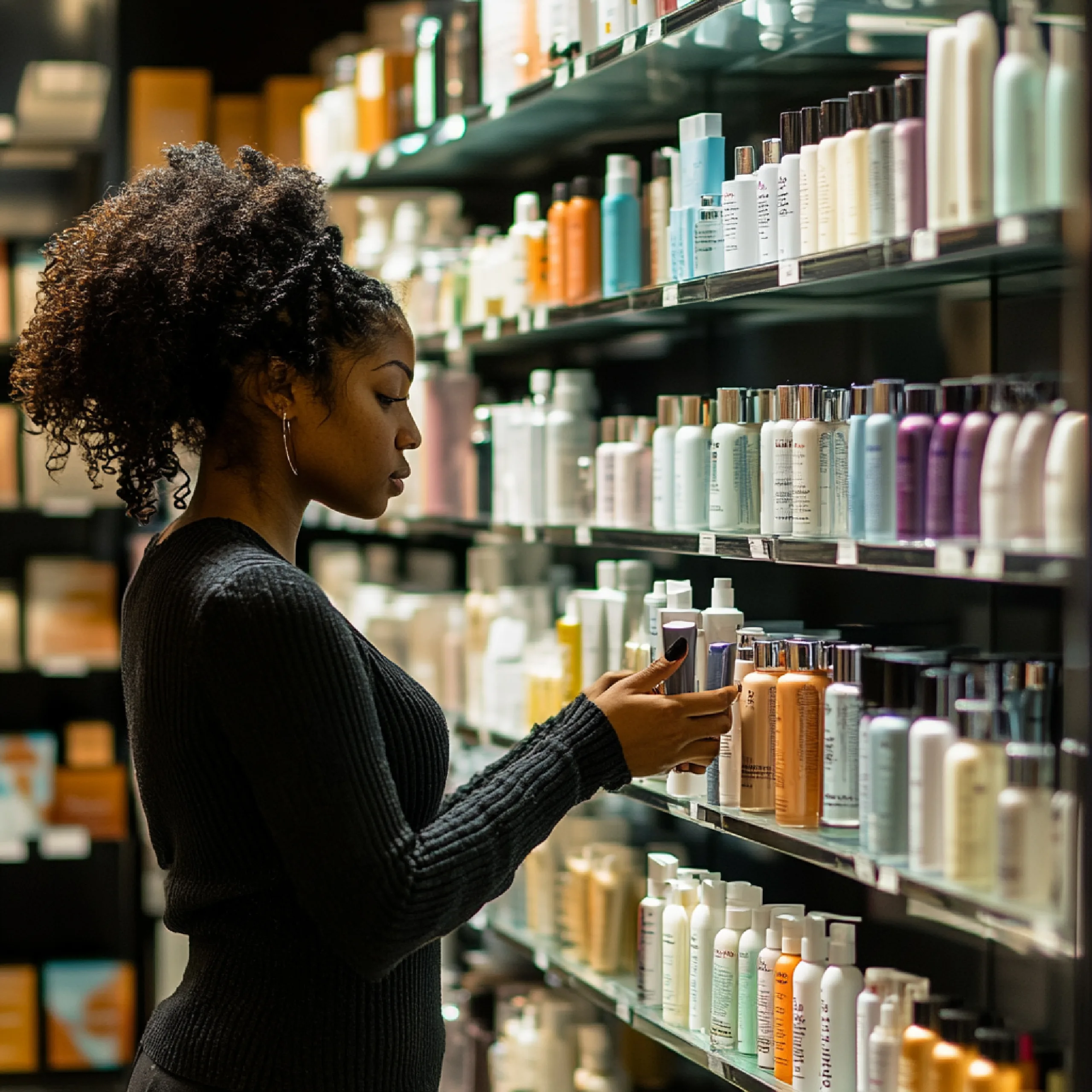 Nigeria Vegan Cosmetics Market Outlook to 2035 customer-browsing-through-hair-products-wellstocked-beauty-store