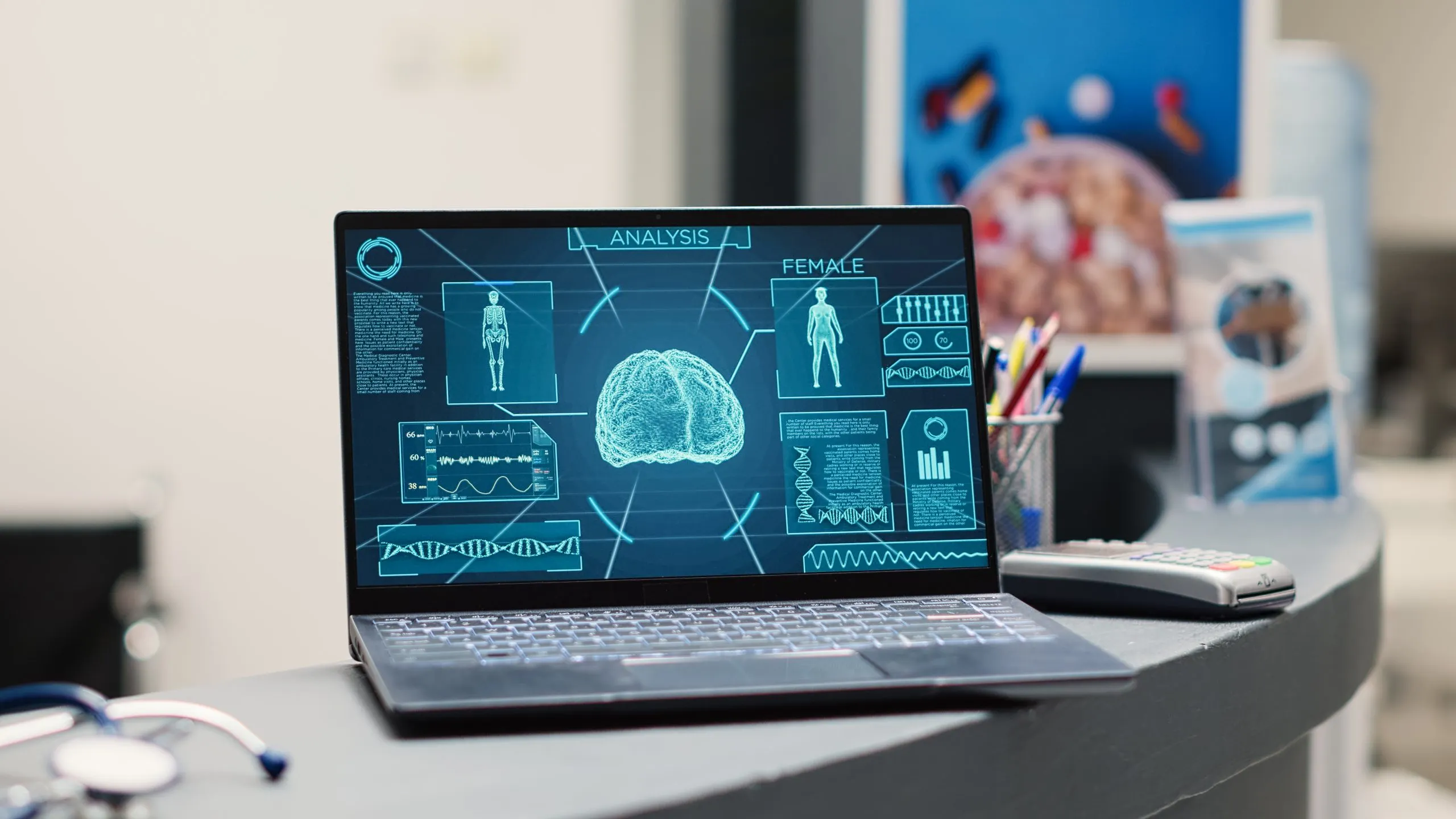 KSA Brain-Computer Interfaces Market Outlook 2035 empty-reception-counter-with-laptop-running-neural-system-tomography-radiography-human-brain-display-medical-facility-lobby-with-neuroscience-x-ray-scan-front-desk-close-up-scaled