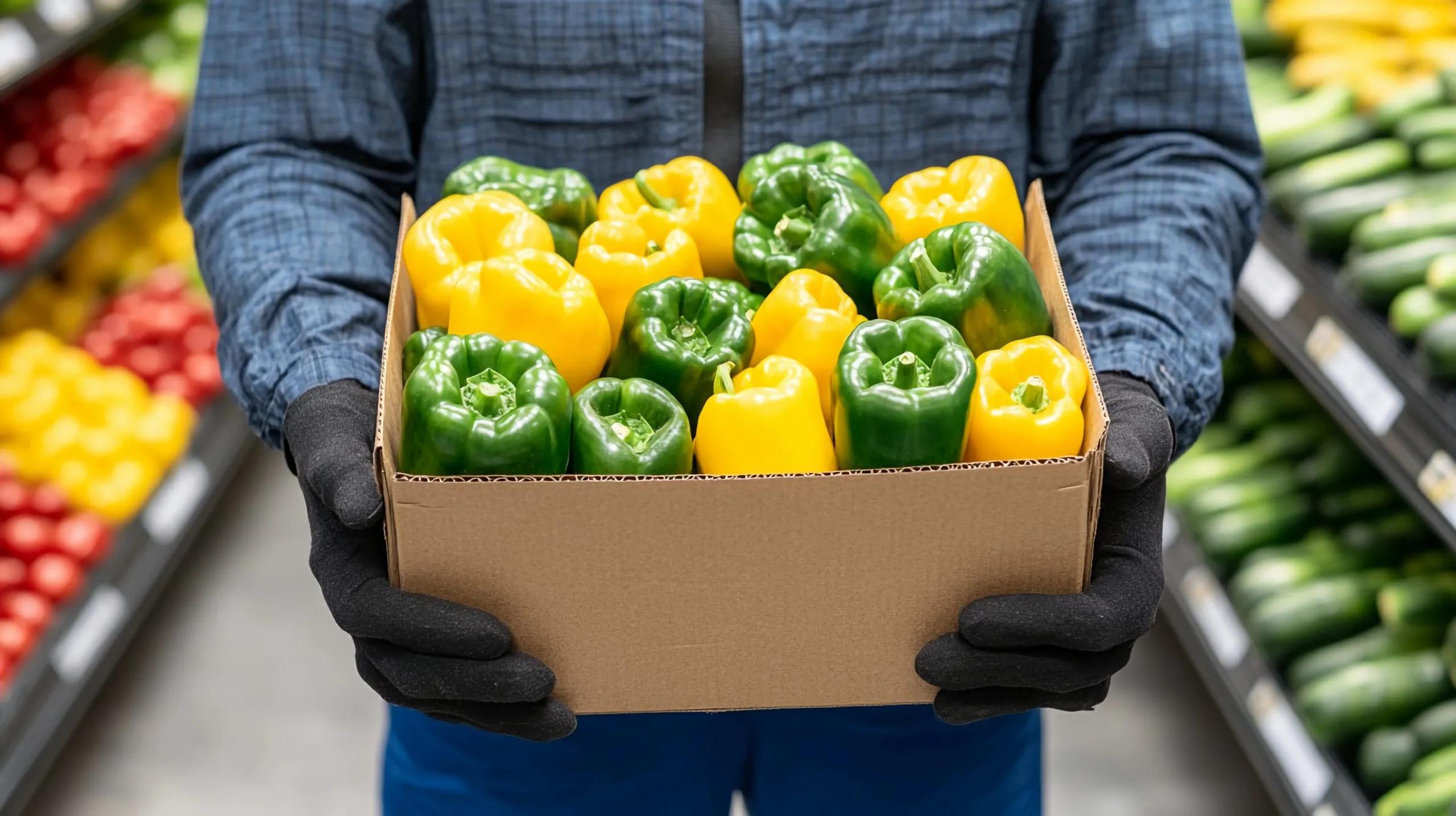 Nigeria hand gloves Market Outlook to 2035 freshly-harvested-green-yellow-bell-peppers-held-by-worker-grocery-store-scaled