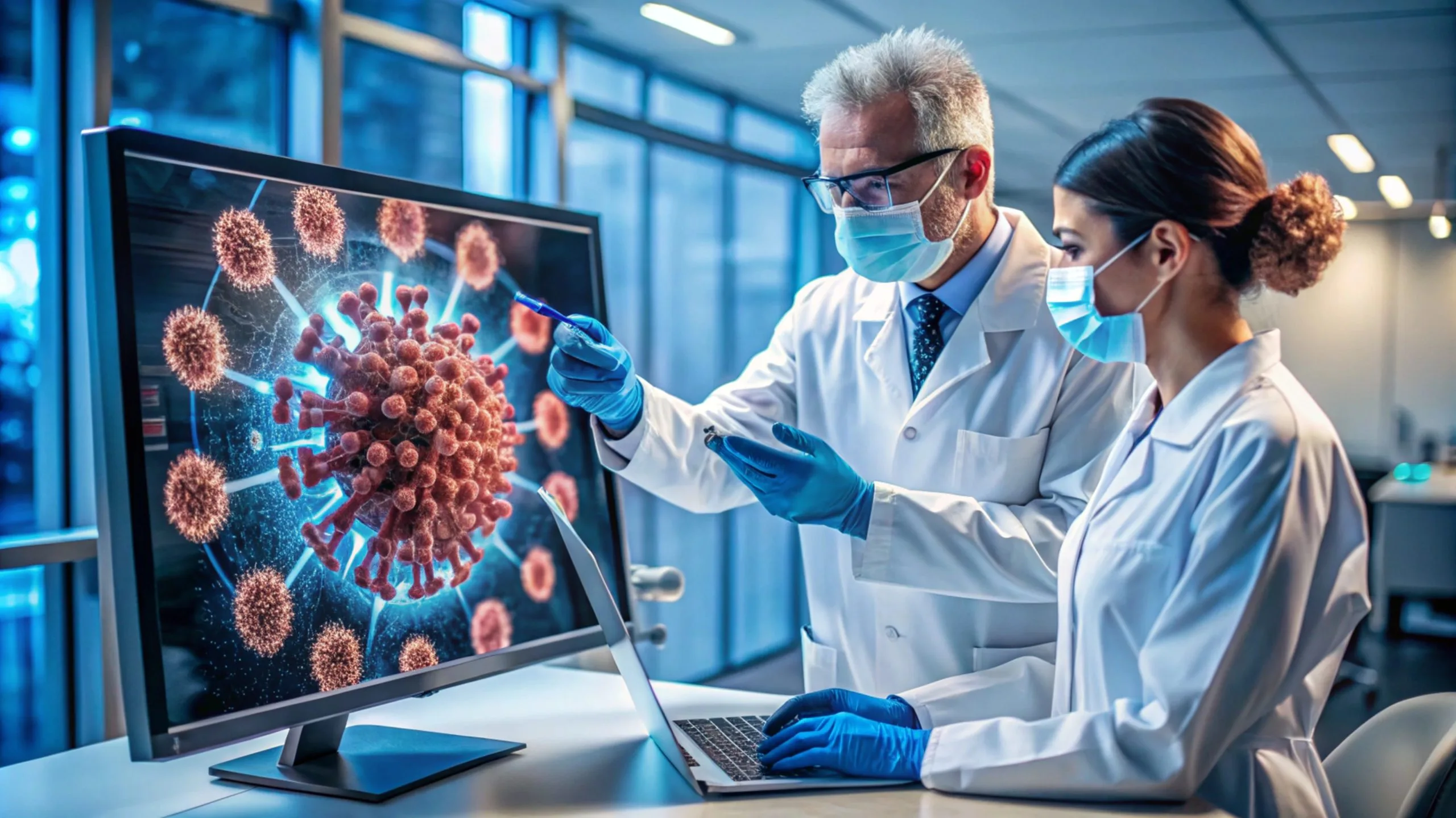 Philippines Immunoassay Techniques Market Outlook 2035 man-woman-lab-coats-are-looking-monitor-with-virus-screen-scaled