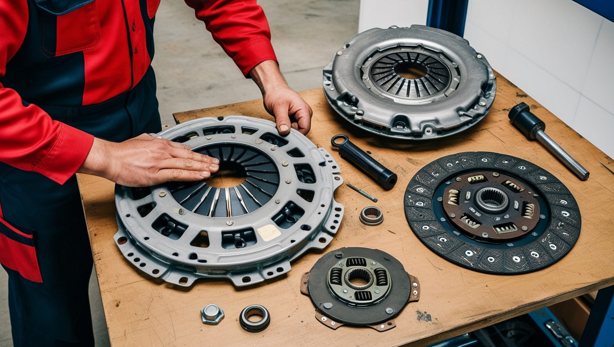 mechanic-replacing-clutch-with-old-parts-workbench-scaled