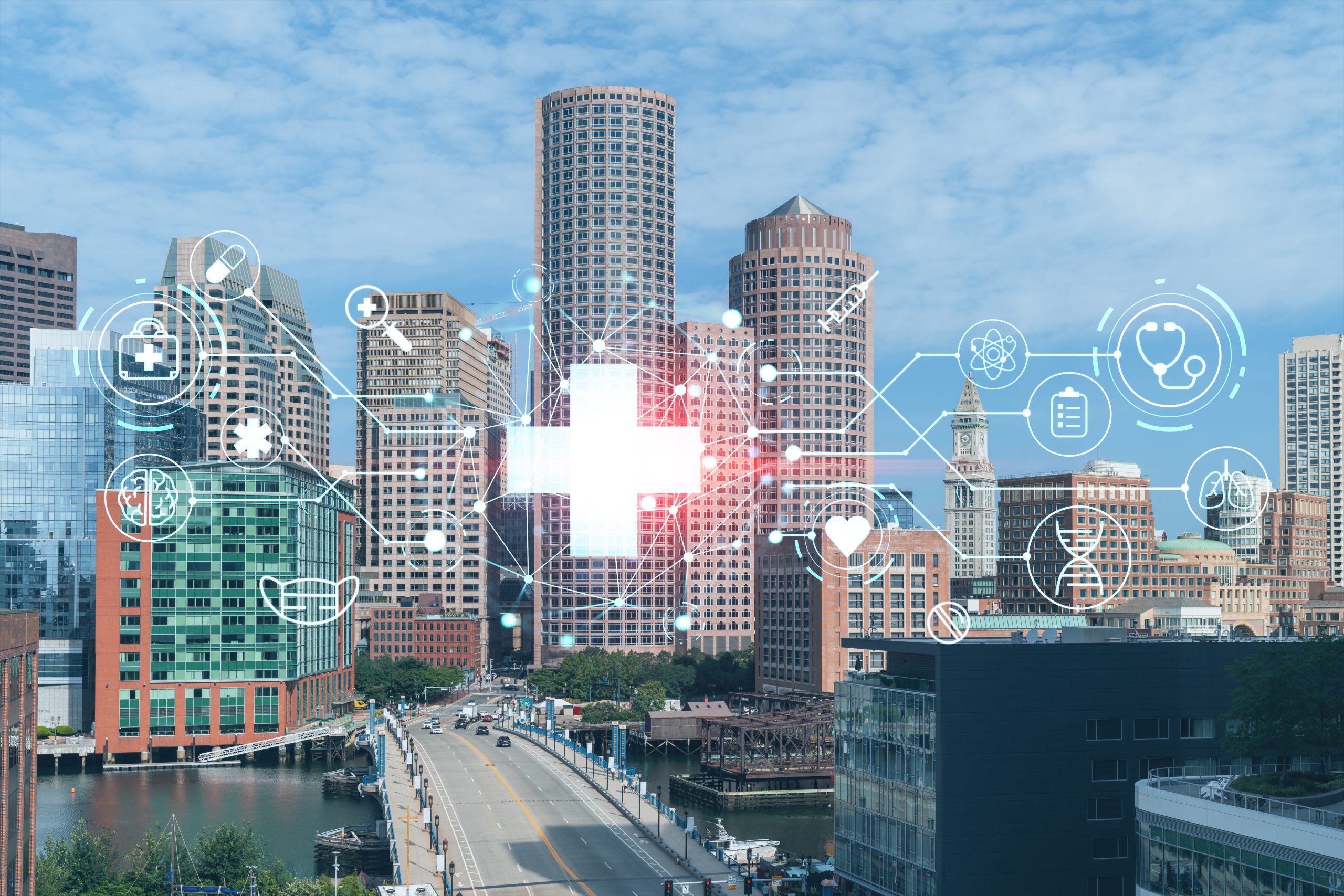 panorama-city-view-boston-harbor-day-time-massachusetts-buildings-financial-downtown-glowing-healthcare-digital-medicine-icons-concept-treatment-from-disease-threat-pandemic-scaled