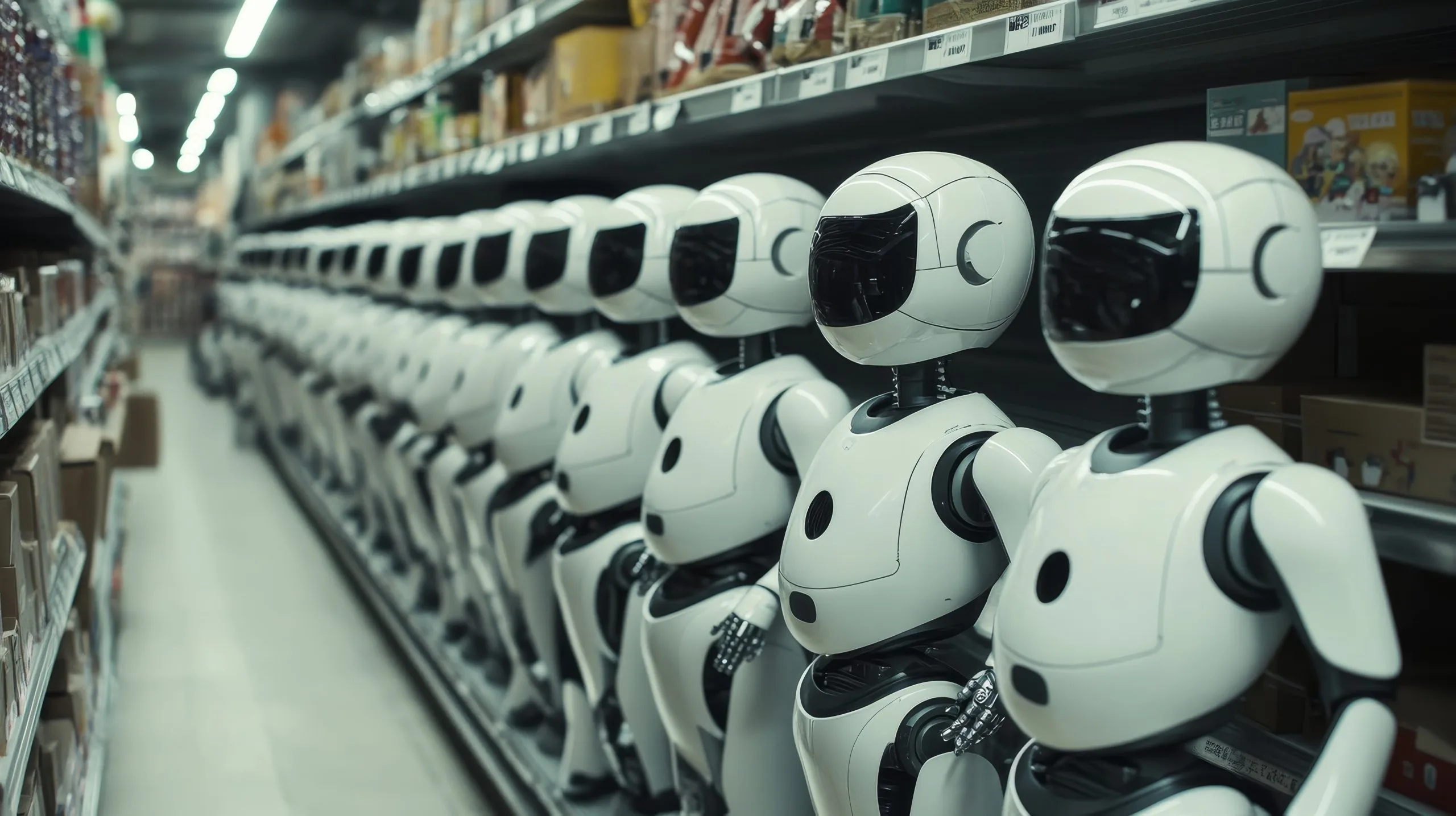 Oman Robotics Market Driving Innovation and Efficiency with 17% CAGR Global Robotics Growth robot-heads-row-supermarket-shallow-depth-field-scaled