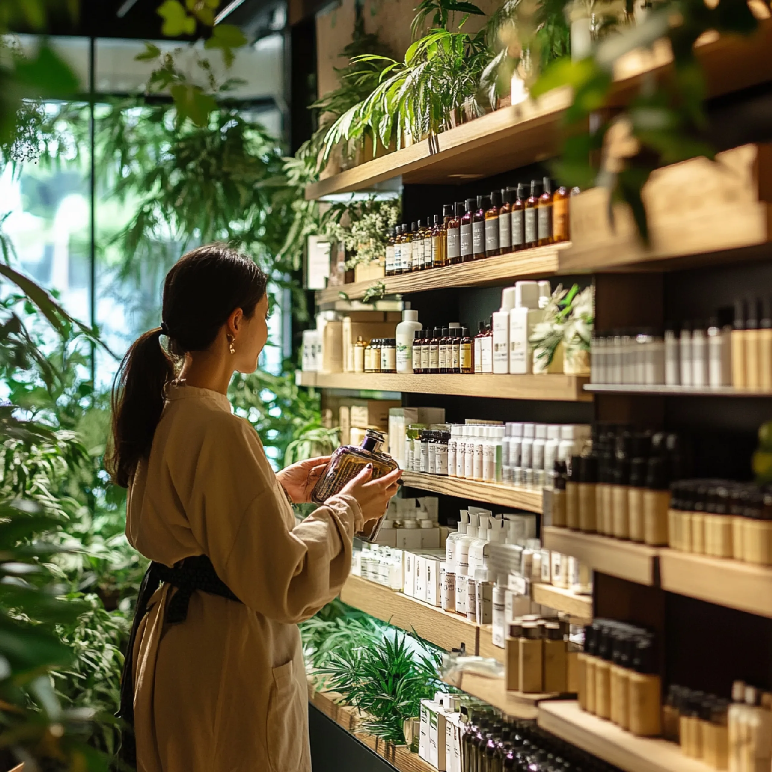 Philippines Vegan Cosmetics Market Outlook to 2035 scene-consumer-choosing-different-cbd-product-types-health-store-1