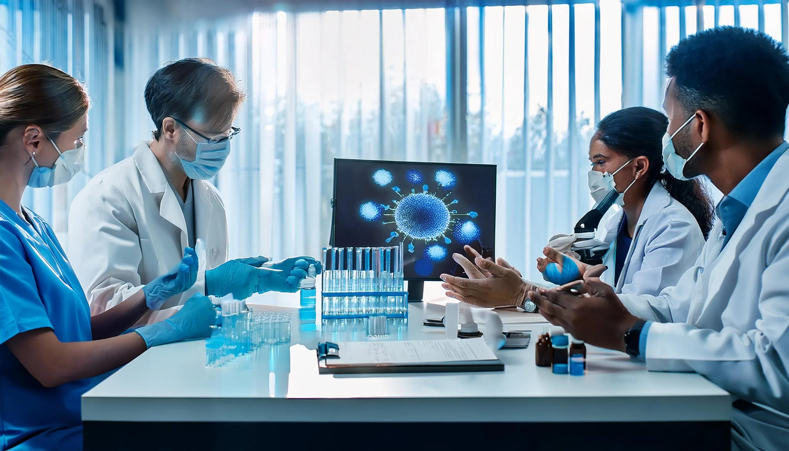 USA Diagnostic Biomarkers Market Outlook 2035 scientists-gathered-around-table-discussing-their-research-monkeypox-sharing-insights-scaled