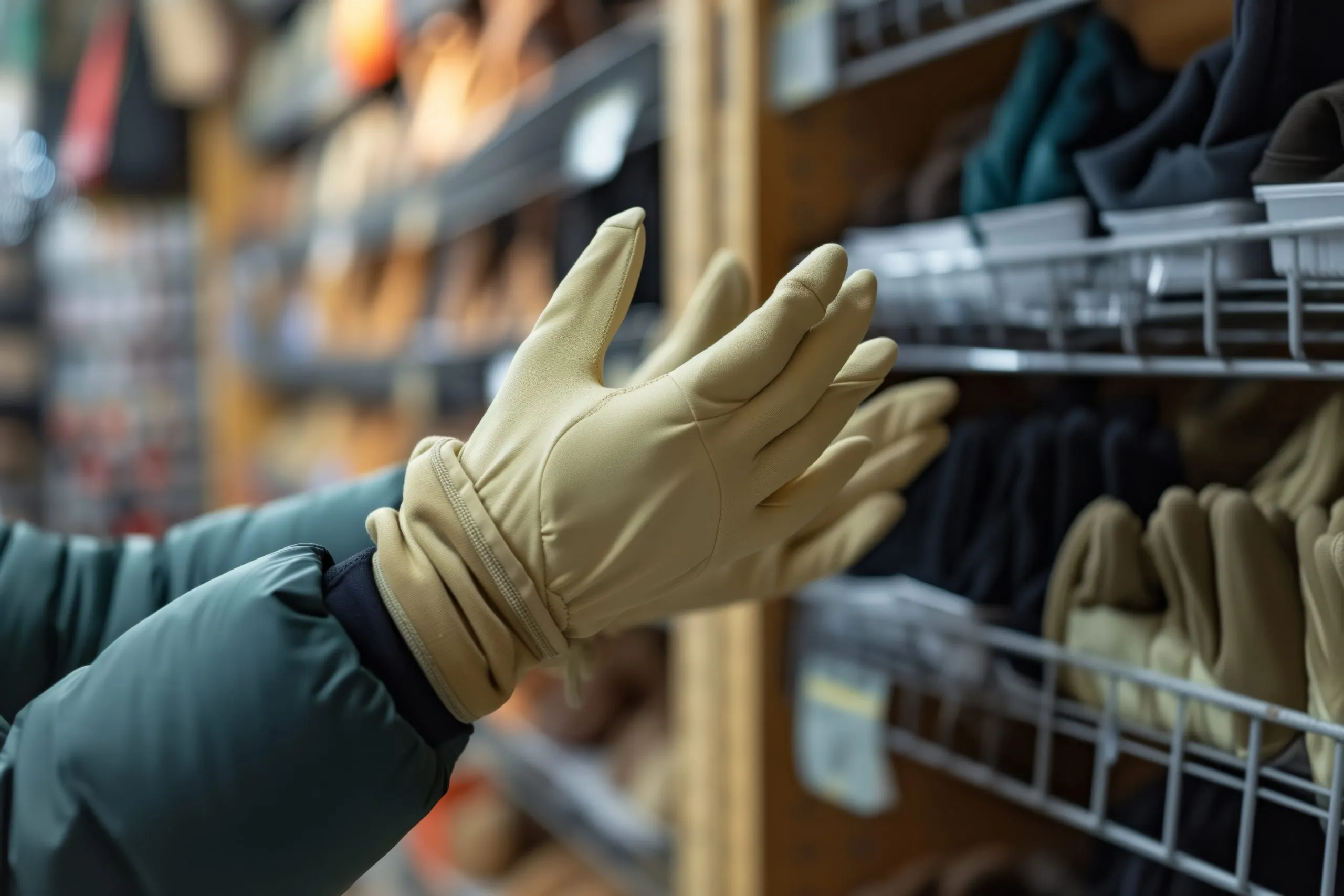 UK hand gloves Market Outlook to 2035 shopper-trying-fullfinger-gloves-stretching-fingers-scaled