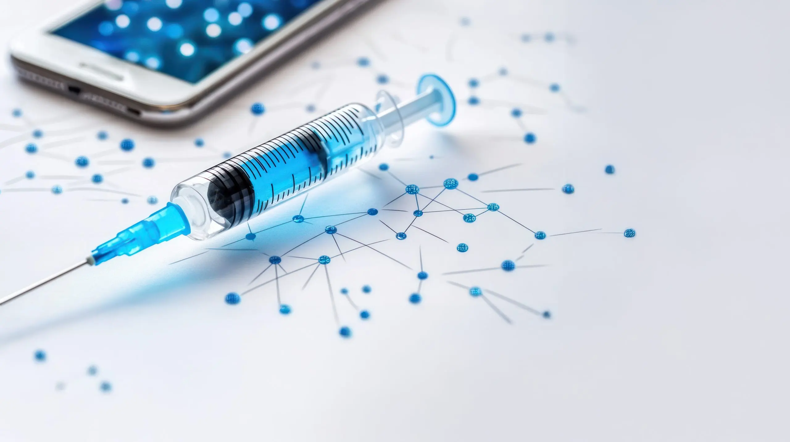 Philippines Biosimilar Insulin Market Outlook to 2035 syringe-with-blue-liquid-placed-phone-surrounded-by-digital-connections-symbolizing-biosimilar-insulin-medical-technology-advances-scaled