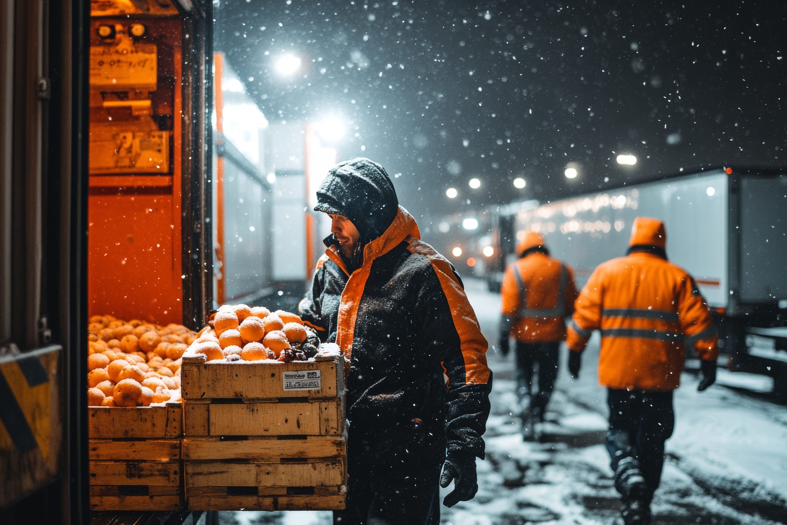 workers-unloading-crates-oranges-night-snowfall-transport-yard-scaled