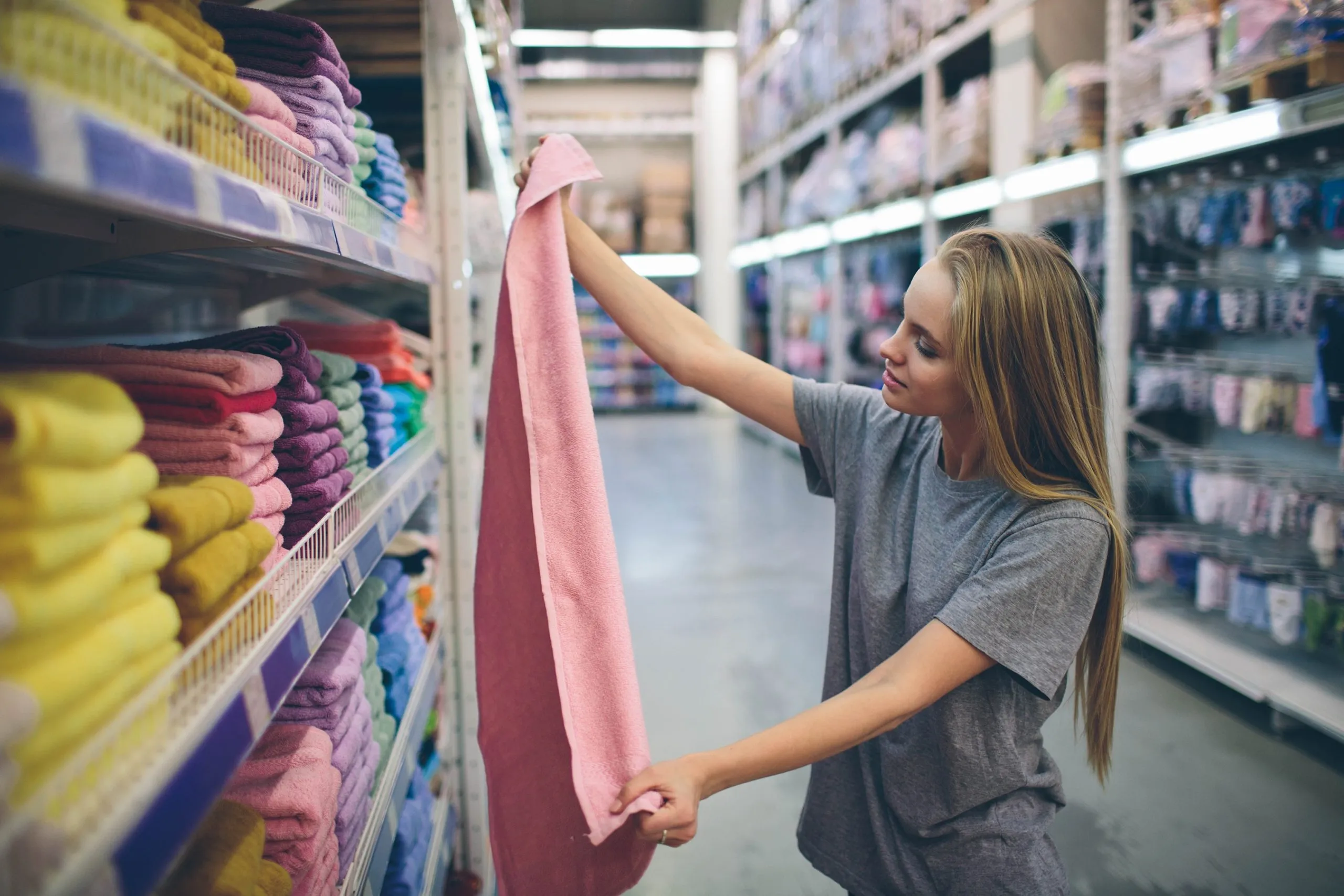 South Africa Fabric Softeners andConditioners Market Outlook to 2035 beautiful-woman-inspecting-buying-towels-supermarket-scaled