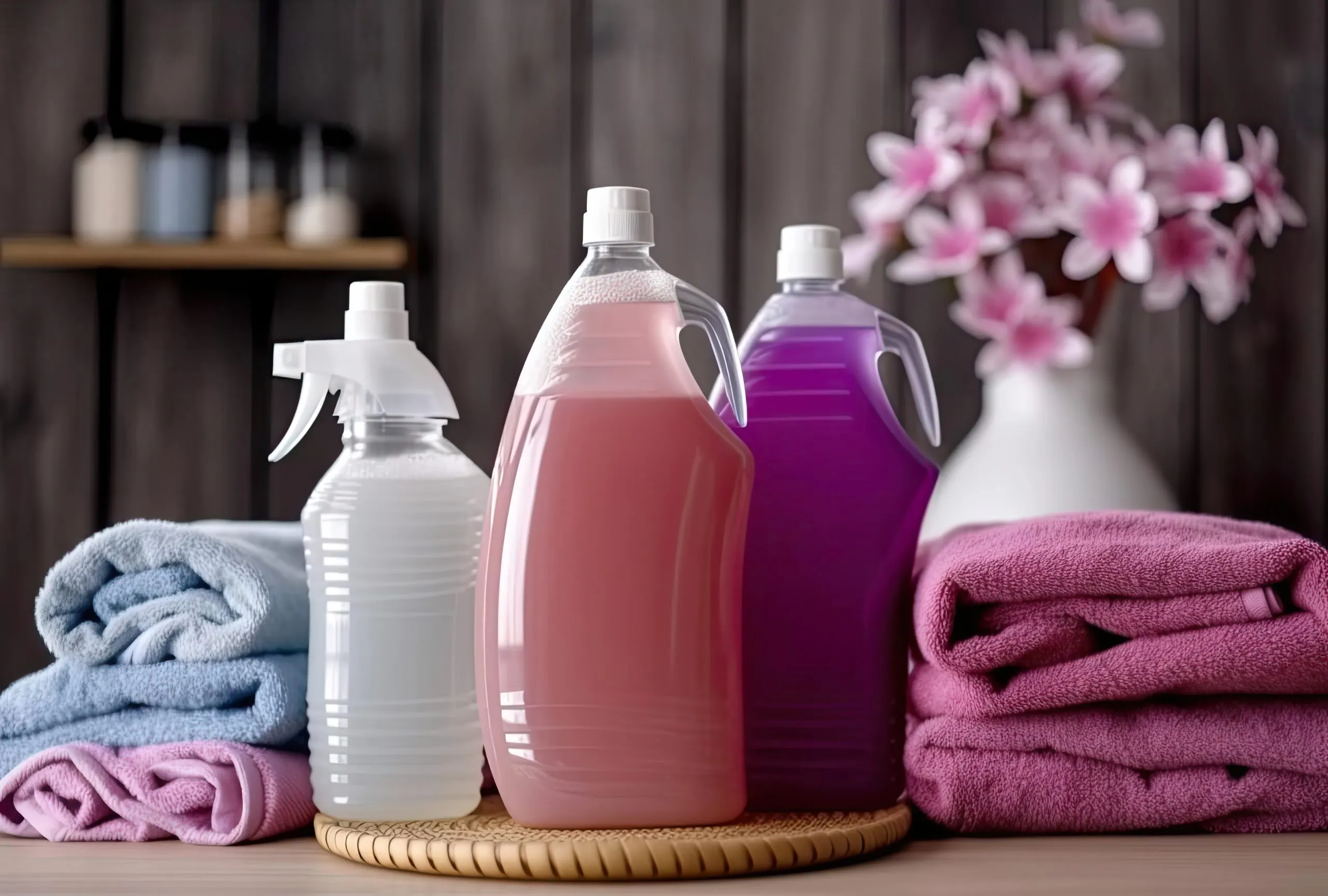 Brazil Fabric Softeners and Conditioners Market Outlook to 2035 bottles-detergent-fabric-softener-with-orchid-flowers-wooden-table-scaled
