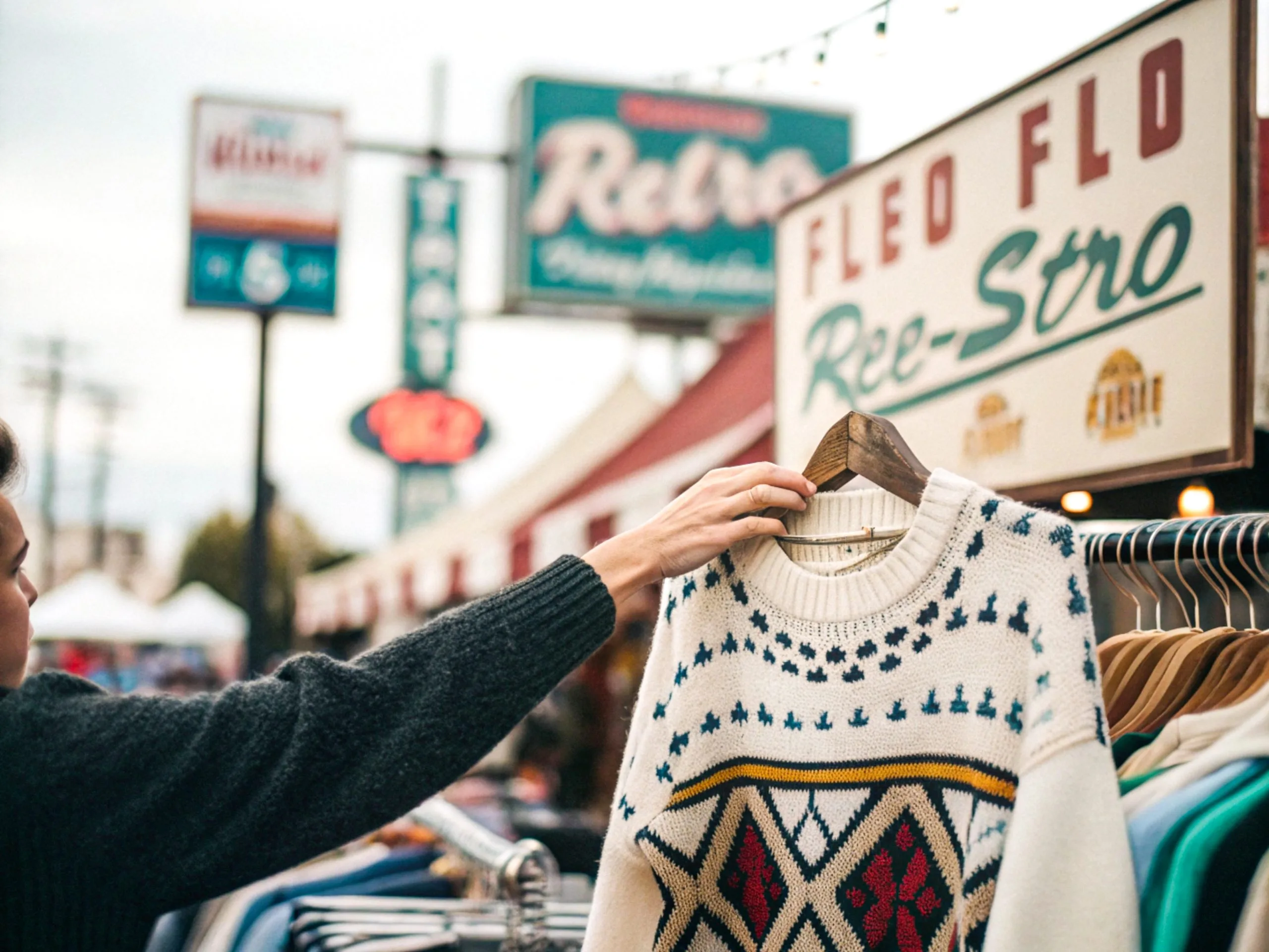 KSA Outdoor Apparel Market Outlook to 2035 closeup-hand-browsing-vintage-clothing-flea-market-scaled