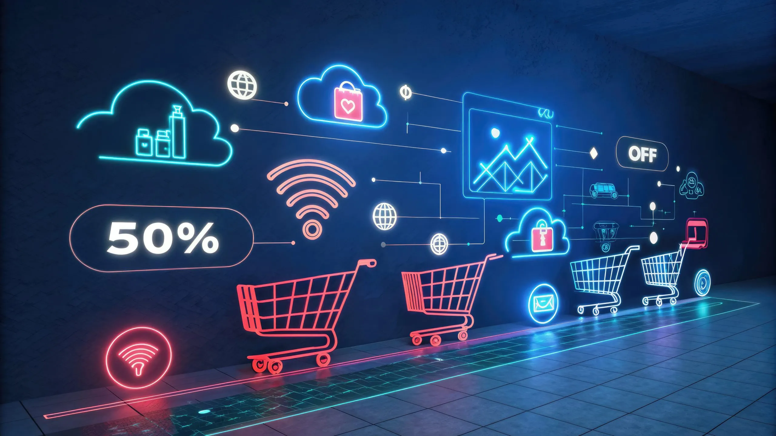 USA Industrial IoT Market Outlook Embracing Automation and Connectivity projected to reach $80 Billion in the coming years futuristic-ecommerce-standard-scale-with-neon-shopping-cart-graphics-generative-ai-scaled