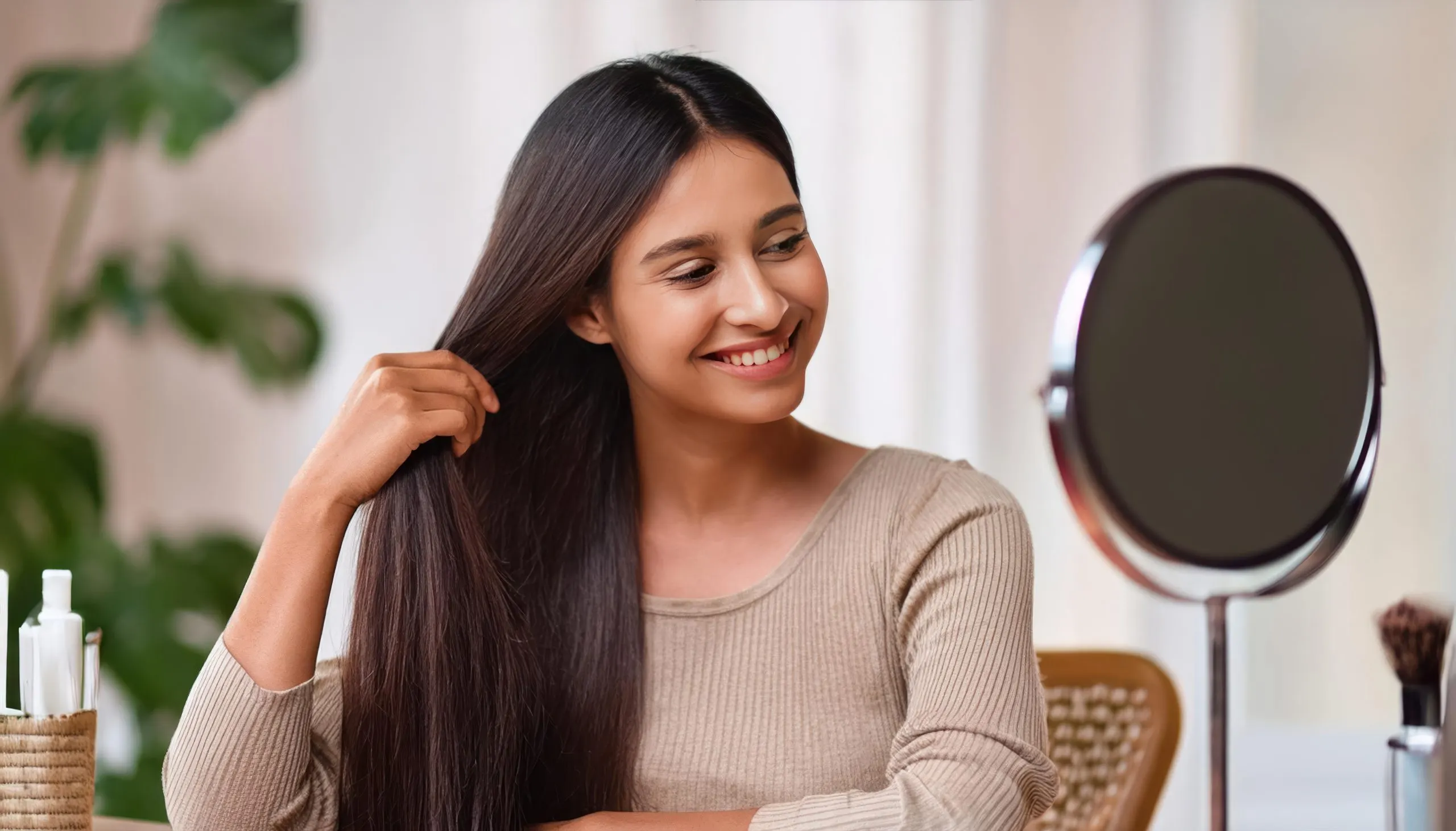 India Hair Care Market Outlook to 2035 hair-care-selfcare-beautiful-indian-woman-looking-mirror-touching-her-healthy-hair-scaled