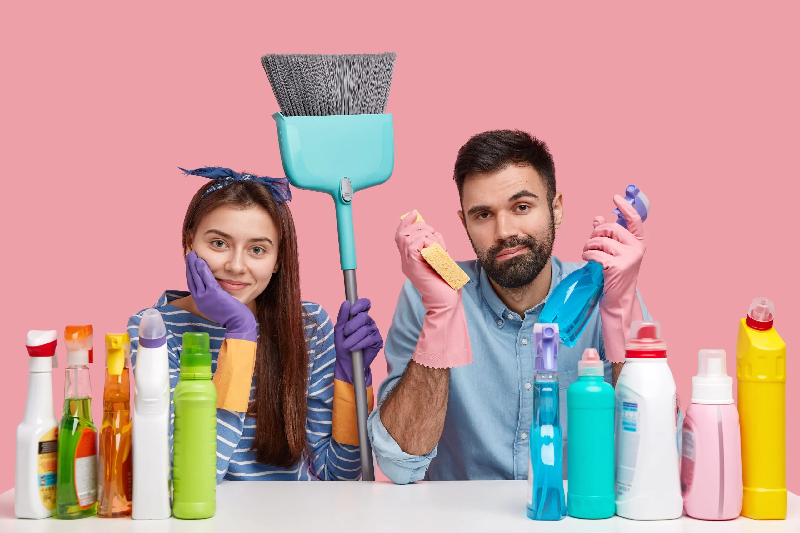 USA Household Cleaners Market Outlook to 2035 horizontal-view-attractive-woman-with-dark-hair-wears-headband-protective-gloves-sit-closely-each-other-surronded-with-cleaning-agent-scaled