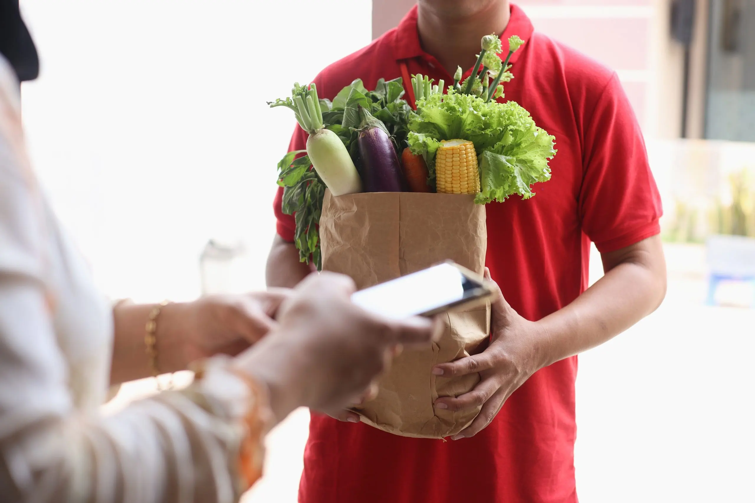 UAE Online Grocery Delivery Market Outlook to 2035 male-courier-delivering-fresh-vegetable-customer-front-door-customer-holds-smartphone-scaled