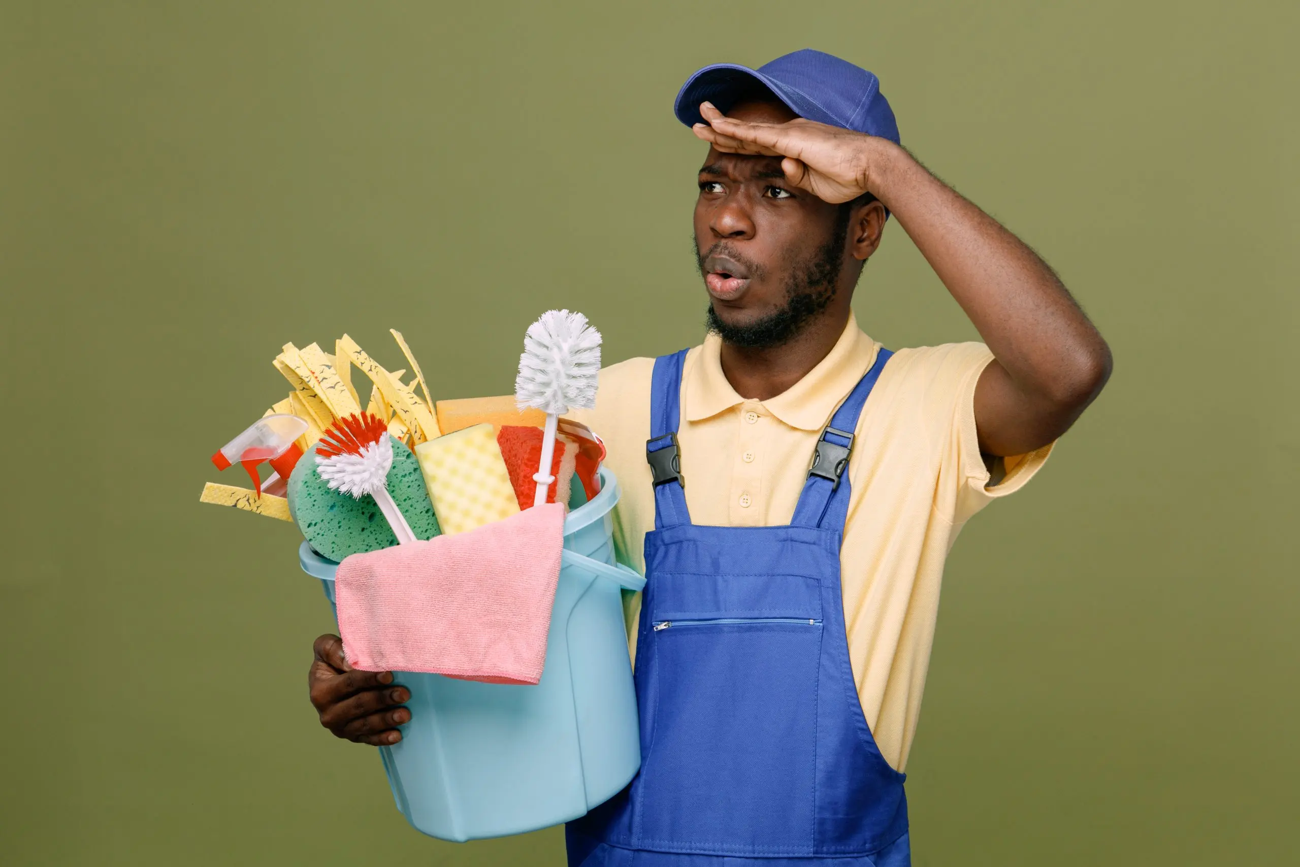 Nigeria Household Cleaners Market Outlook to 2035 surprised-holding-bucket-cleaning-tools-young-africanamerican-cleaner-male-uniform-with-gloves-isolated-green-background-scaled