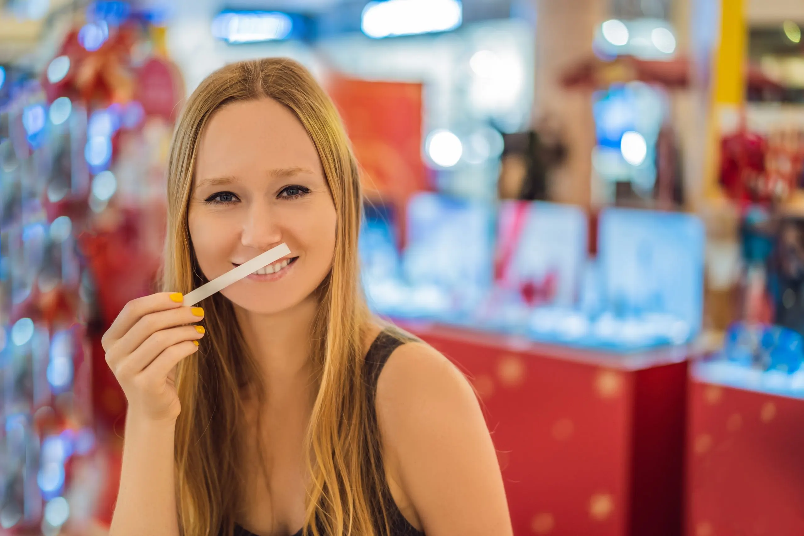 UK Teeth Whitening Market Outlook to 2035 woman-with-paper-strips-her-hands-listens-fragrance-mall-scaled