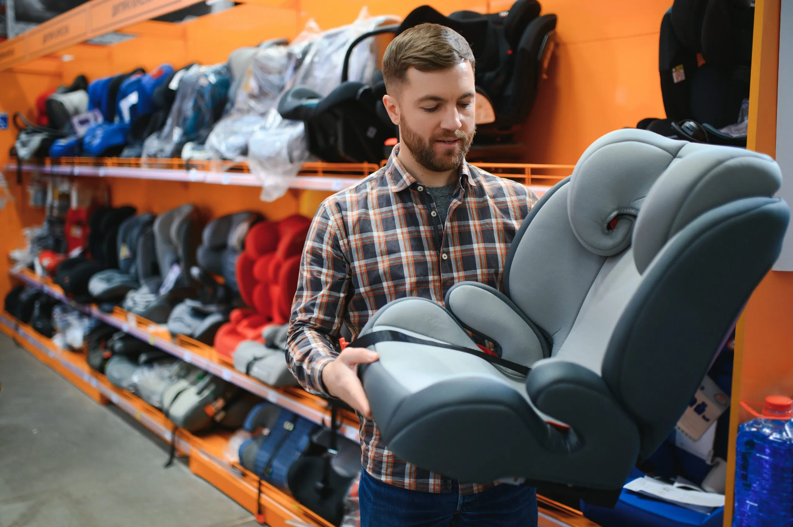 USA Seat Foam Market Analysis by Material, Vehicle Type, Application, and End User Amid 7.9% U.S. Automotive Foam CAGR young-male-with-car-seat-kids-childrens-store-scaled
