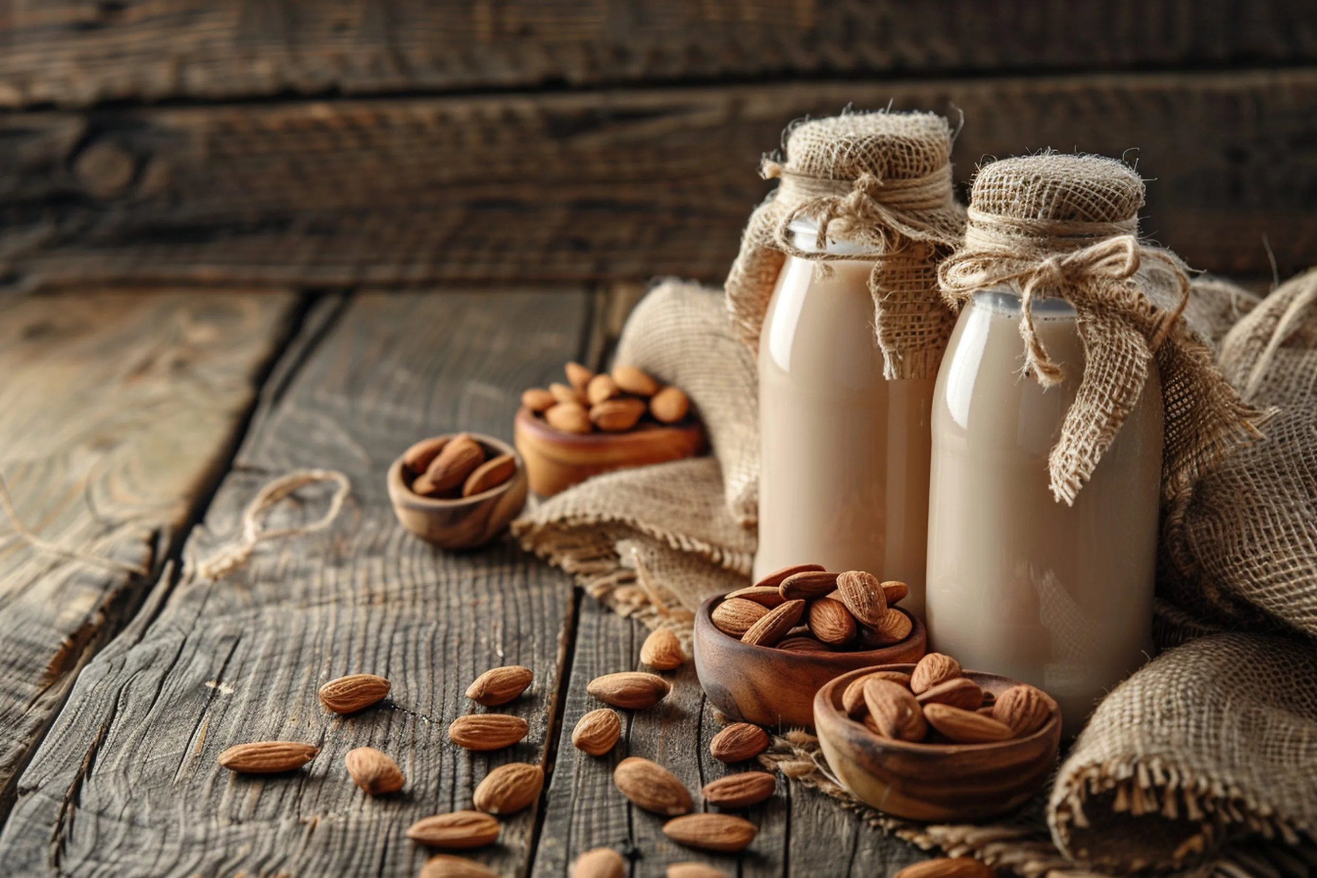 South Africa Almond Milk Market Outlook to 2035 bottles-with-almond-milk-almonds-table-scaled