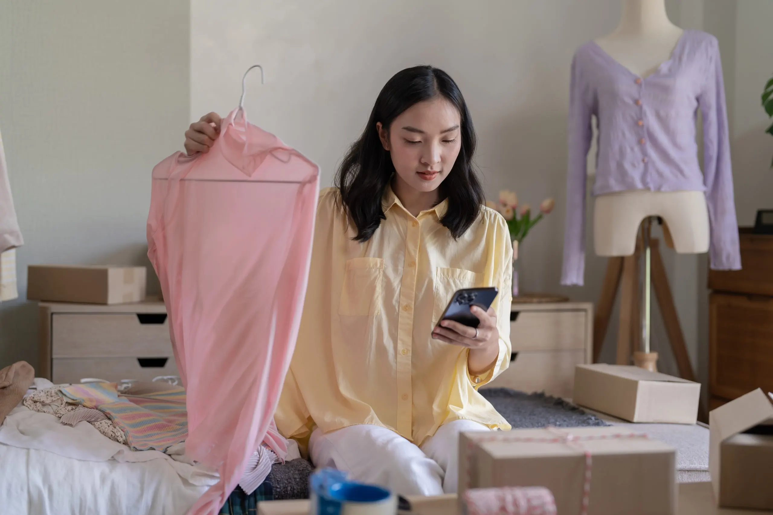 Singapore Online Clothing Rental Market Surges Beyond 1.8 Billion Driven by Digital Demand busy-asian-woman-preparing-package-delivery-box-shipping-shopping-online-smart-phone-girl-start-up-small-business-owner-online-shop-scaled