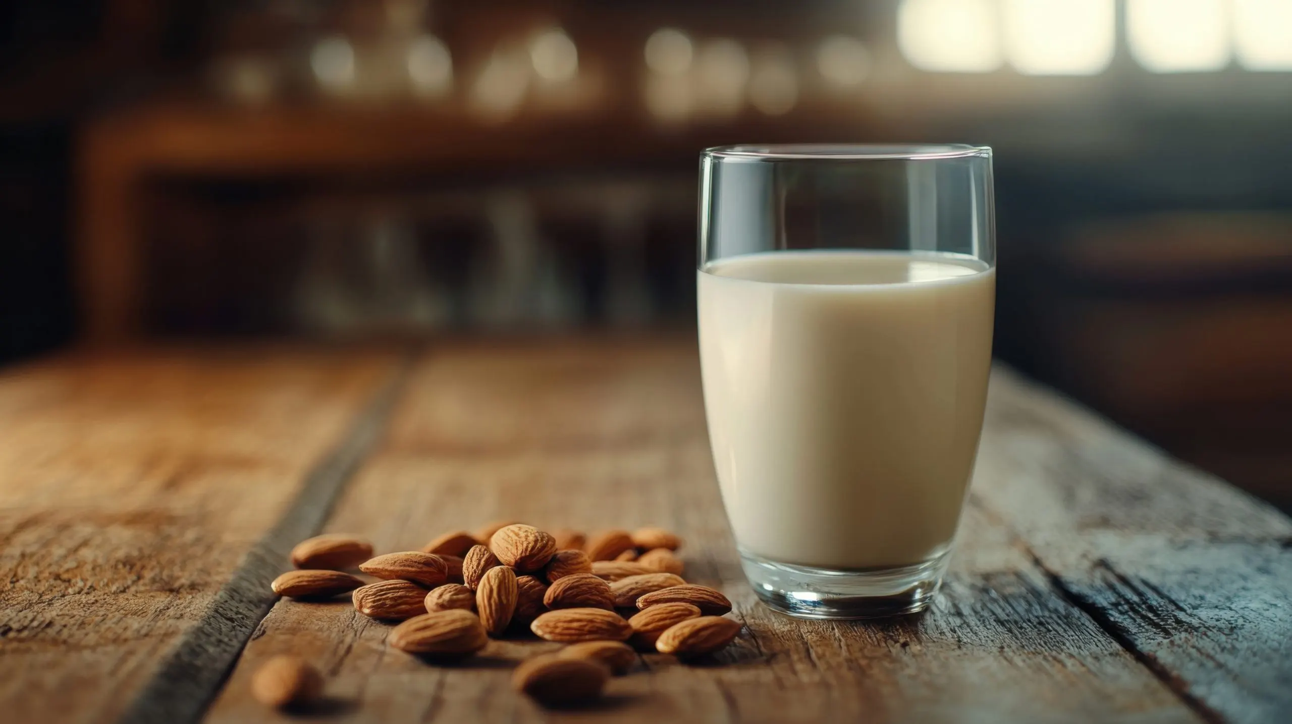 USA Almond Milk Market Outlook to 2035 glass-almond-milk-with-almonds-wooden-table-scaled
