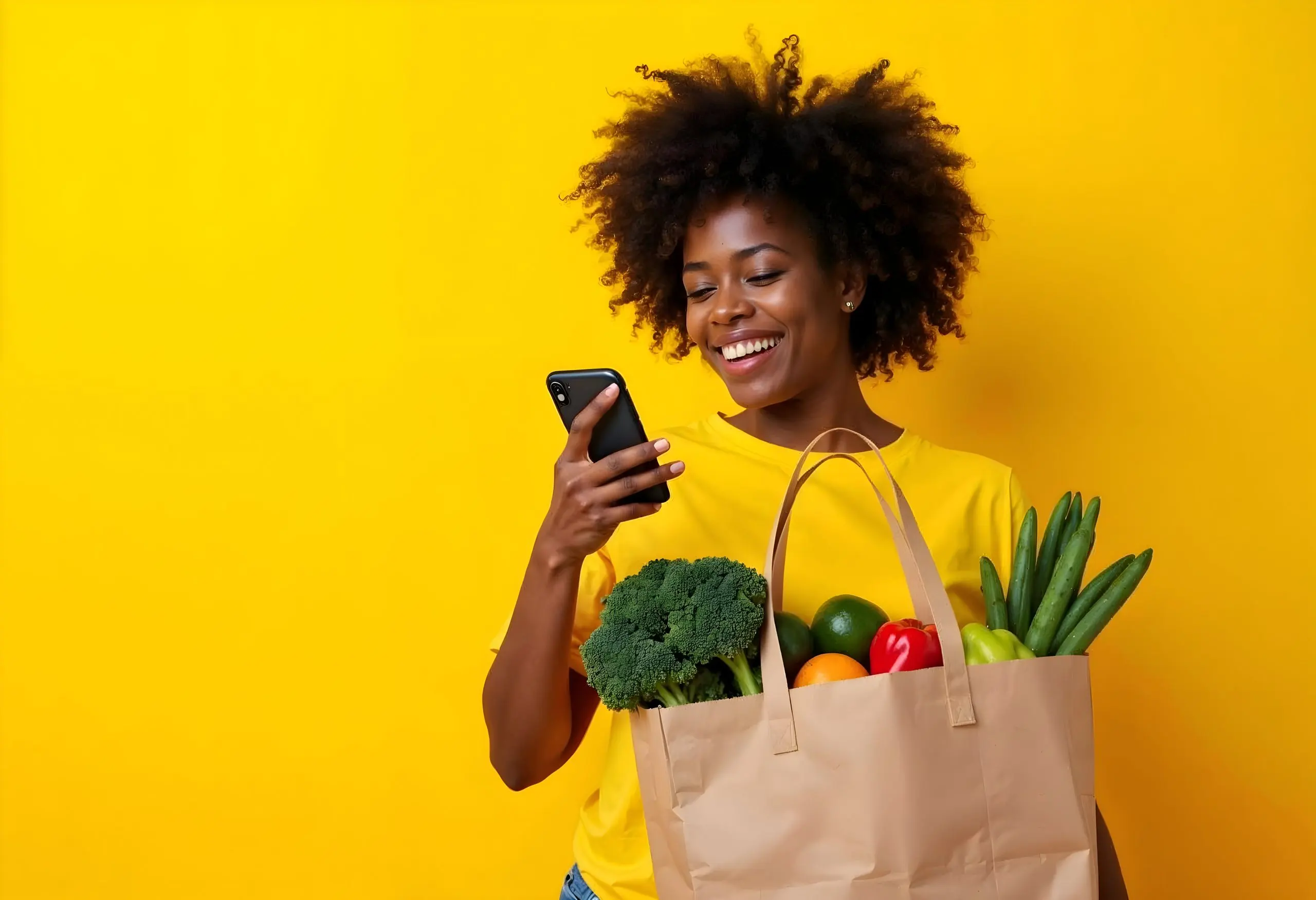 Nigeria Online Grocery Delivery Market Surpasses $4 Billion with 30 Percent Annual Growth happy-woman-online-grocery-shopping-fresh-produce-smartphone-scaled