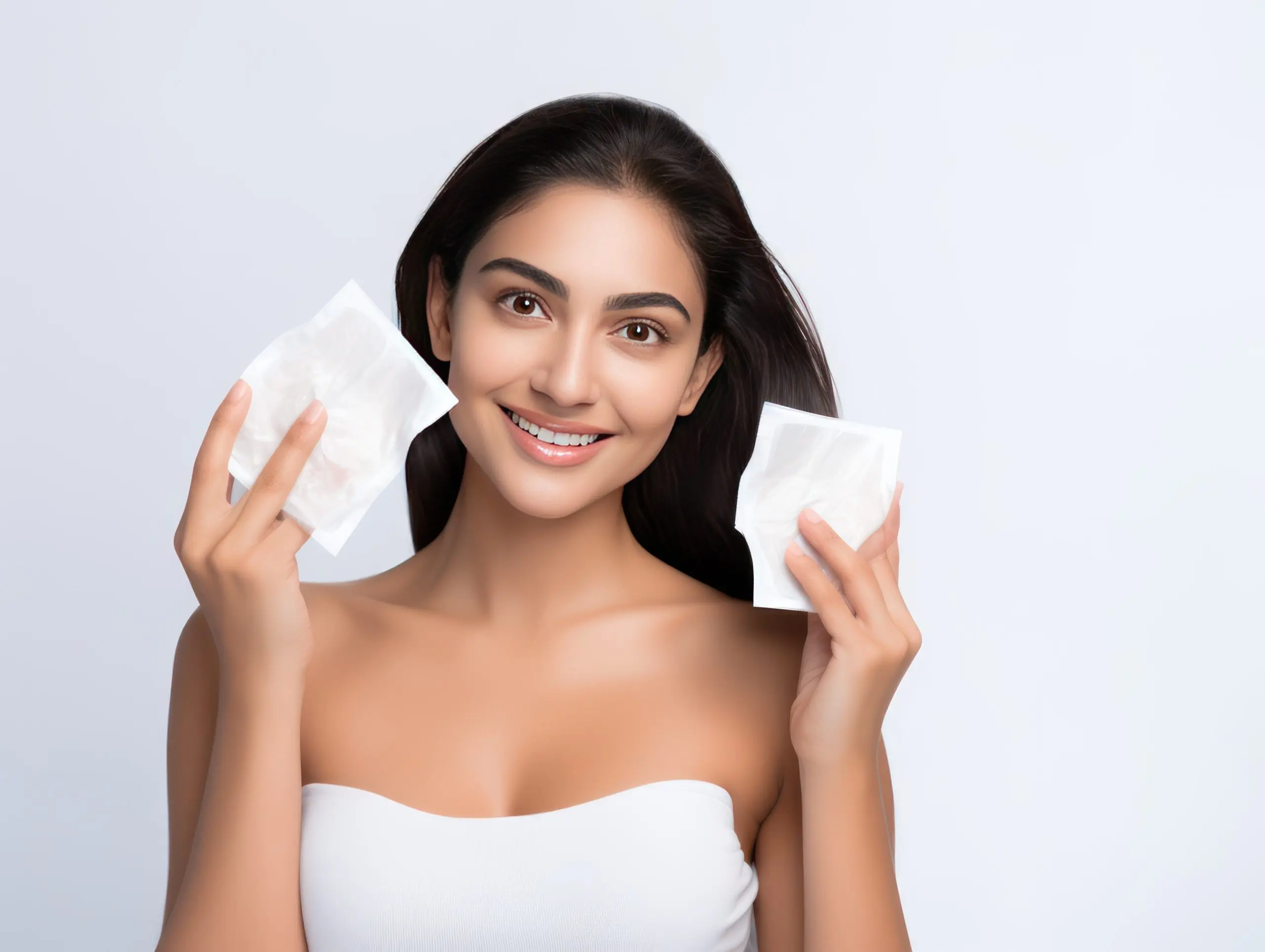 Vietnam Feminine Wipes Market Surpasses 150 Million Driven by Rising Hygiene Awareness indian-girl-showcasing-hydrating-sheet-masks-skincare-ad-white-background-scaled