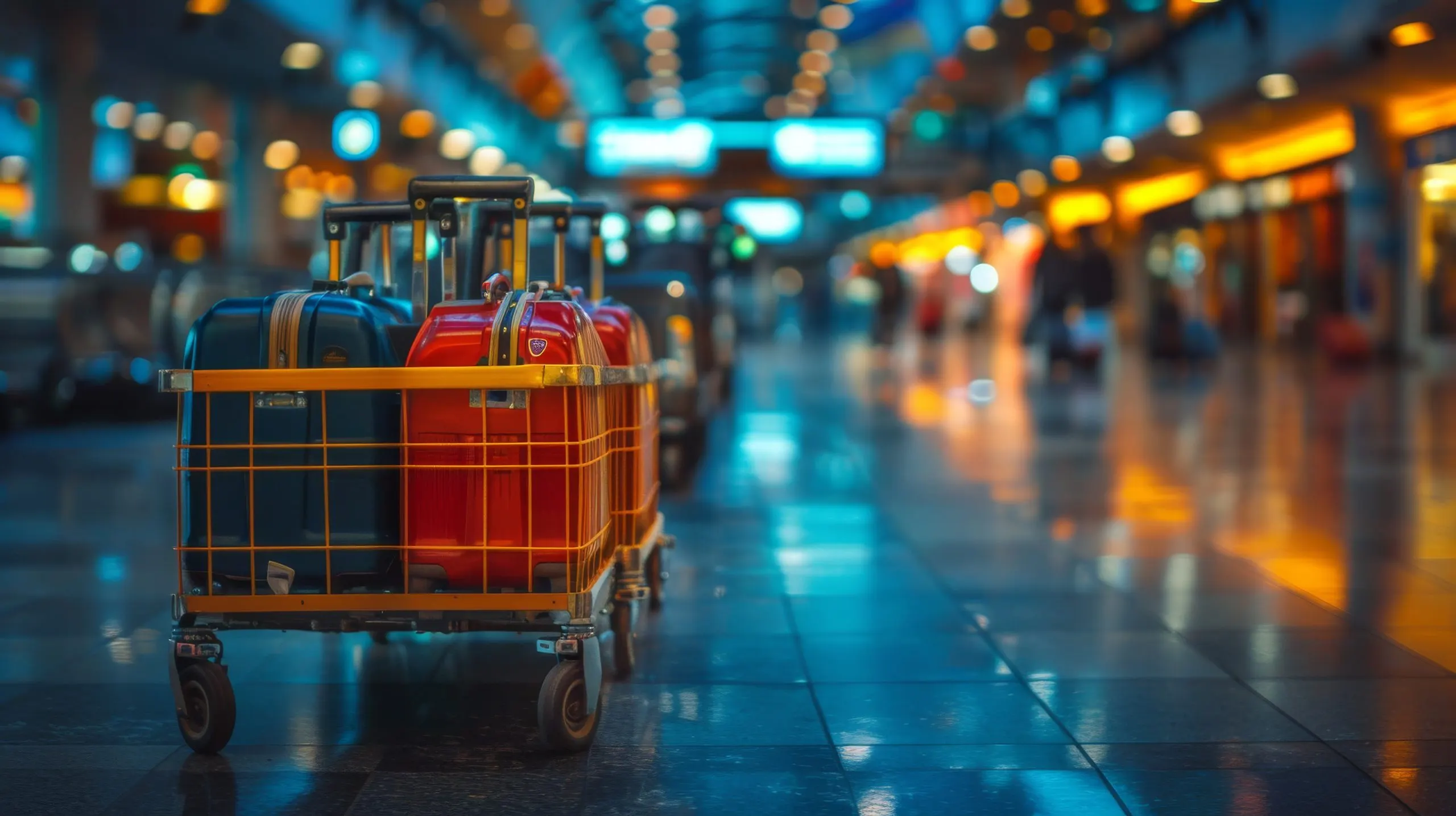 South Africa Duty Free And Travel Retail Market Outlook to 2035 luggage-trolley-airport-with-blurred-background-depicting-busy-terminal-scaled