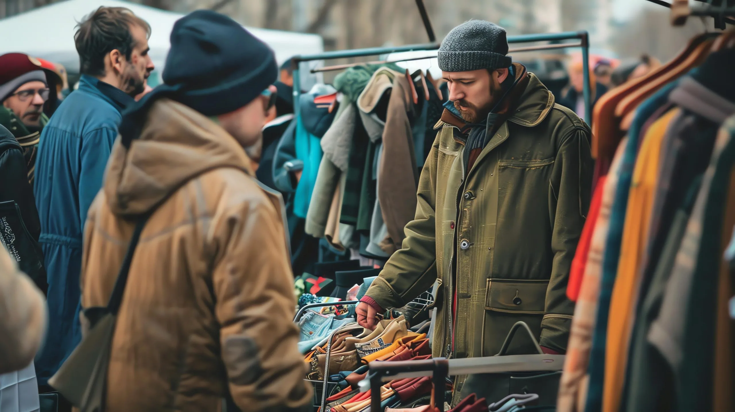 UK Outdoor Apparel Market Surpasses £6 Billion Driven by Rising Outdoor Participation man-browses-through-rack-vintage-clothes-flea-market-he-is-looking-unique-stylish-item-add-his-wardrobe-scaled