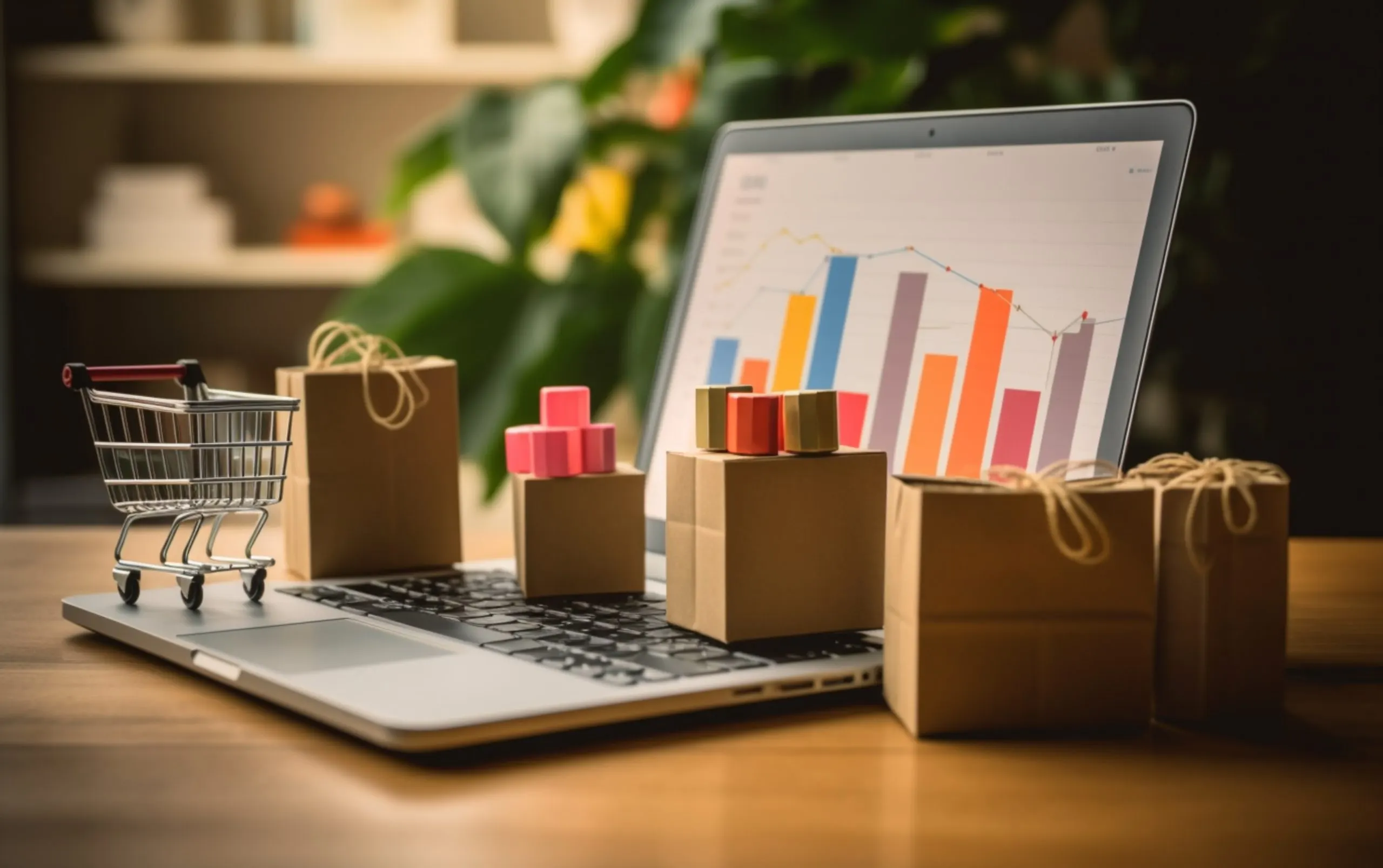 Middle East E-Commerce Market Supported by USD 338.08 Billion Growth Outlook Amid Digital Payments and Online Retail Expansion shopping-bags-incart-credit-card-laptop-with-paper-boxes-table-scaled