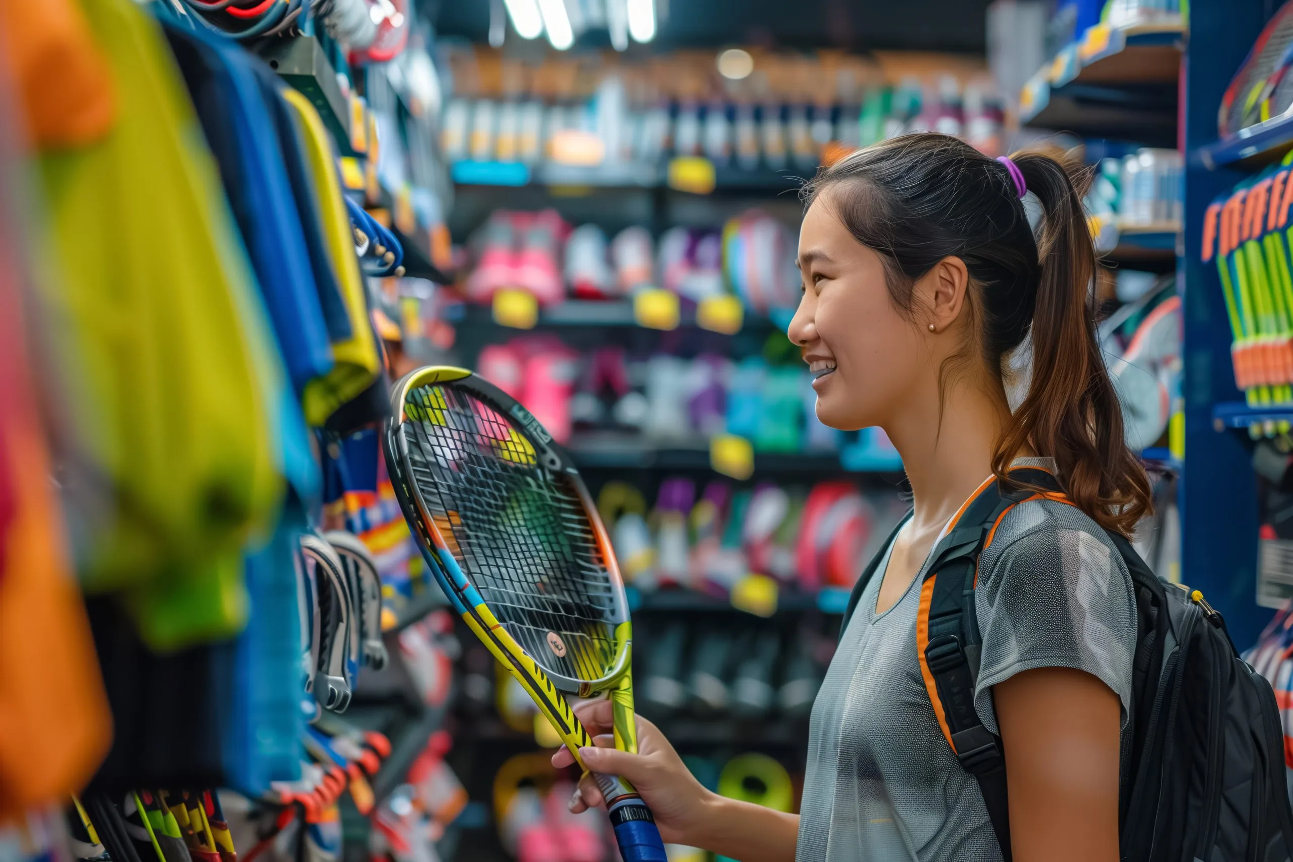 Philippines Tennis Equipment Market Philippines Tennis Equipment Market Growth Driven by USD 570 Million Sports Industry Expansion smiling-young-woman-choosing-tennis-racket-sports-shop-scaled