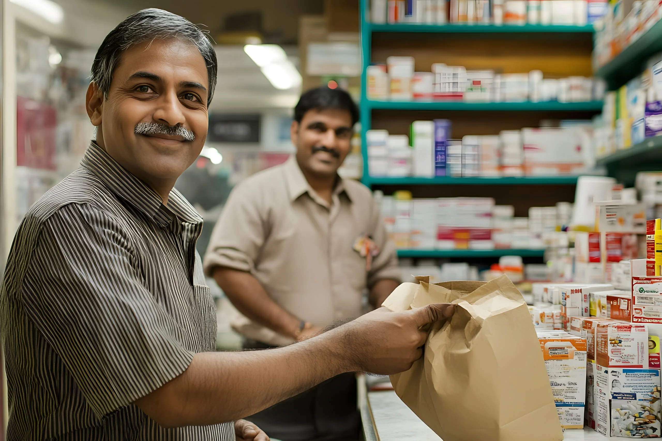 India Adult Diaper Market Witnesses 12 Percent Growth Fueled by Awareness Increase two-men-are-standing-pharmacy-with-bag-that-says-pharmac-scaled