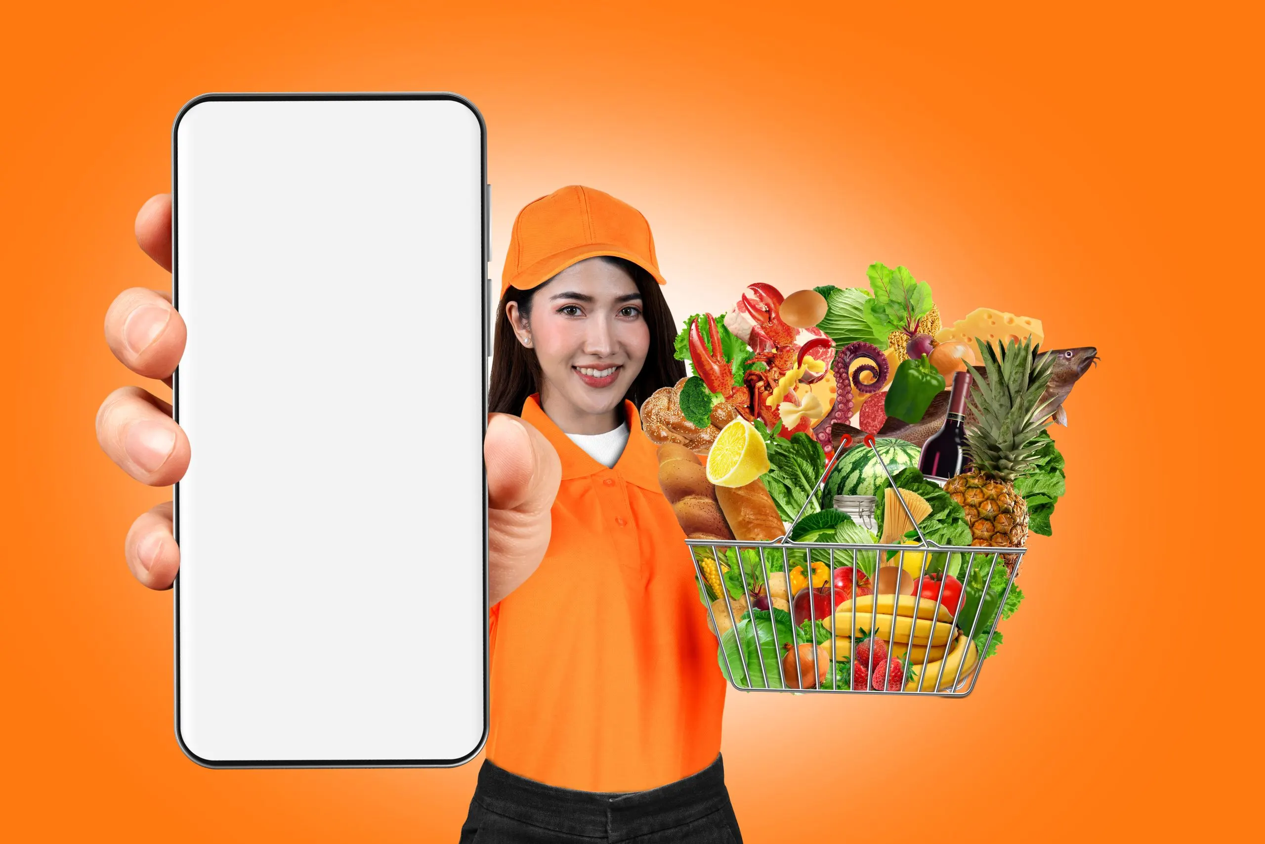 Singapore Online Grocery Delivery Market Surpasses $1.5 Billion with Strong Digital Adoption woman-holding-basket-food-blank-sign-that-says-fresh-food-scaled