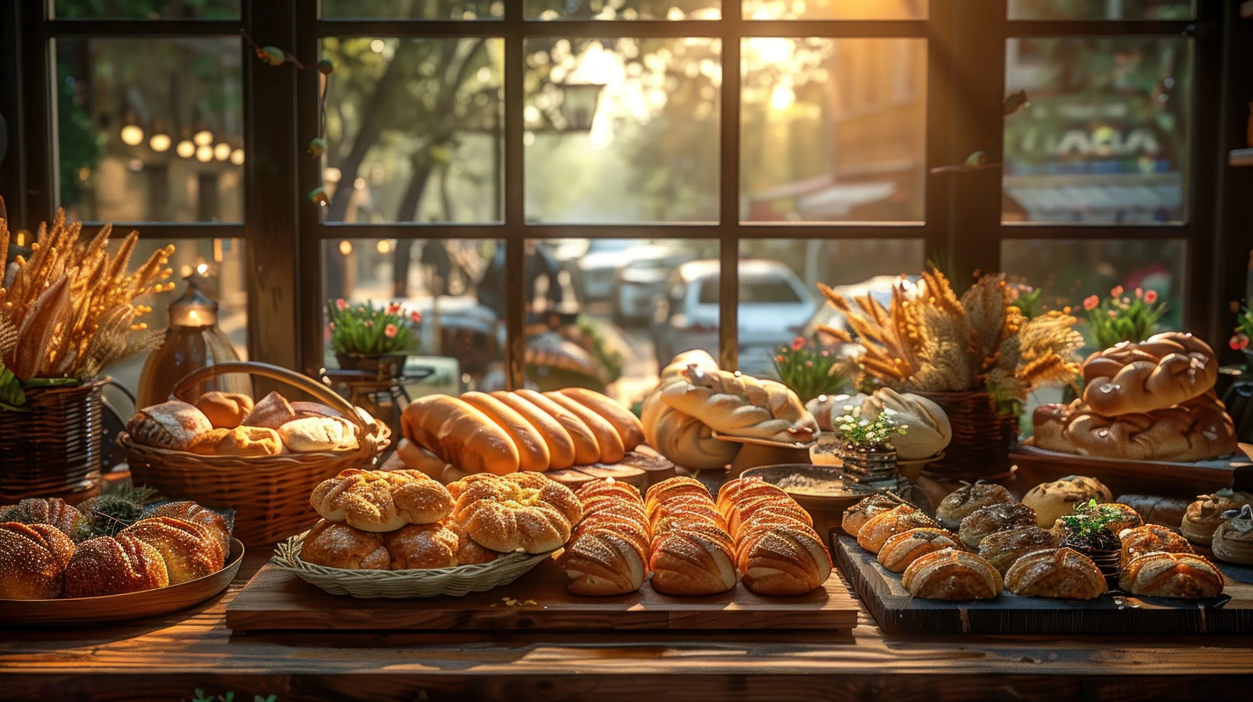 UK Bakery Products Market Outlook to 2035 wooden-table-filled-with-freshly-baked-bread-rolls-baguettes-with-window-view-bustling-street-perfect-showcasing-bakery-products-scaled