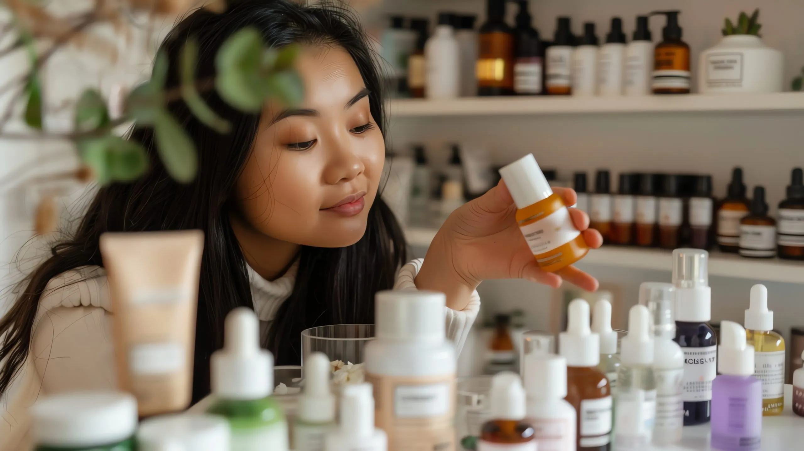 Philippines Organic Personal Care Industry Expands at 9.1 Percent CAGR Driven by Clean Beauty Trends young-woman-carefully-examines-bottle-skincare-product-surrounded-by-many-other-bottles-scaled