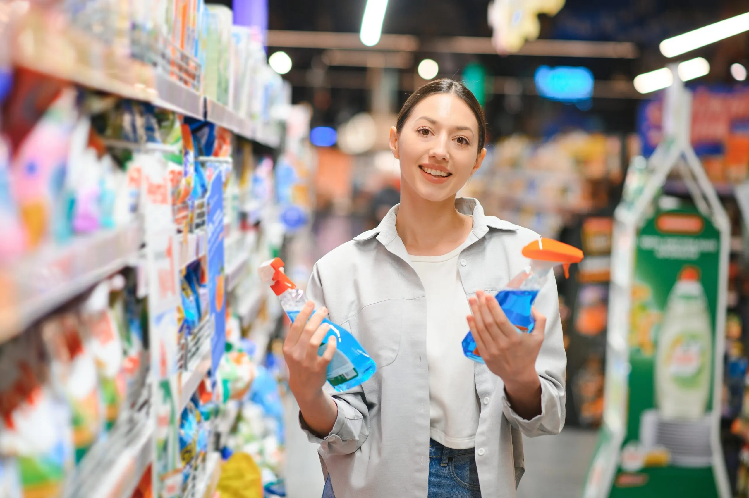 UK Household Cleaners Market Outlook Driven by USD 20.92 Billion Opportunity and Product Innovation young-woman-chooses-household-chemicals-supermarket-means-washing-cleaning-house-scaled