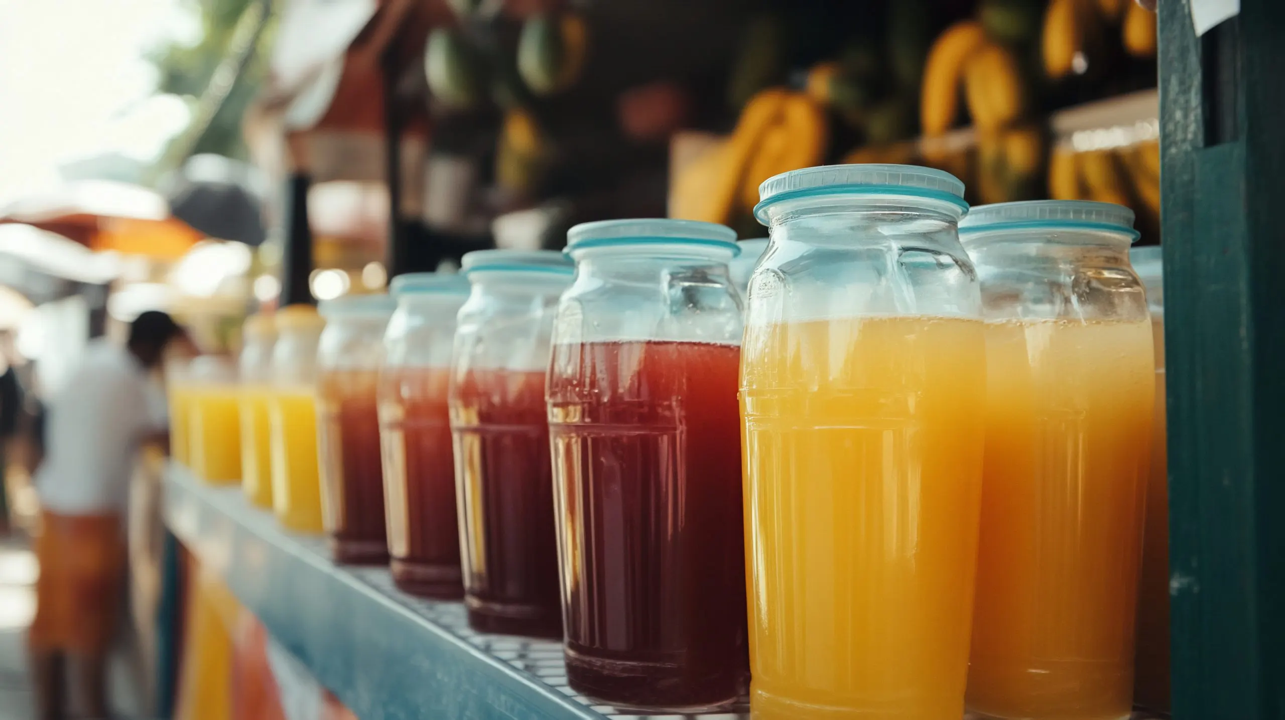 Singapore Beverage Packaging Market Outlook to 2035 colorful-fruit-juices-glass-bottles-display-market-stall-scaled