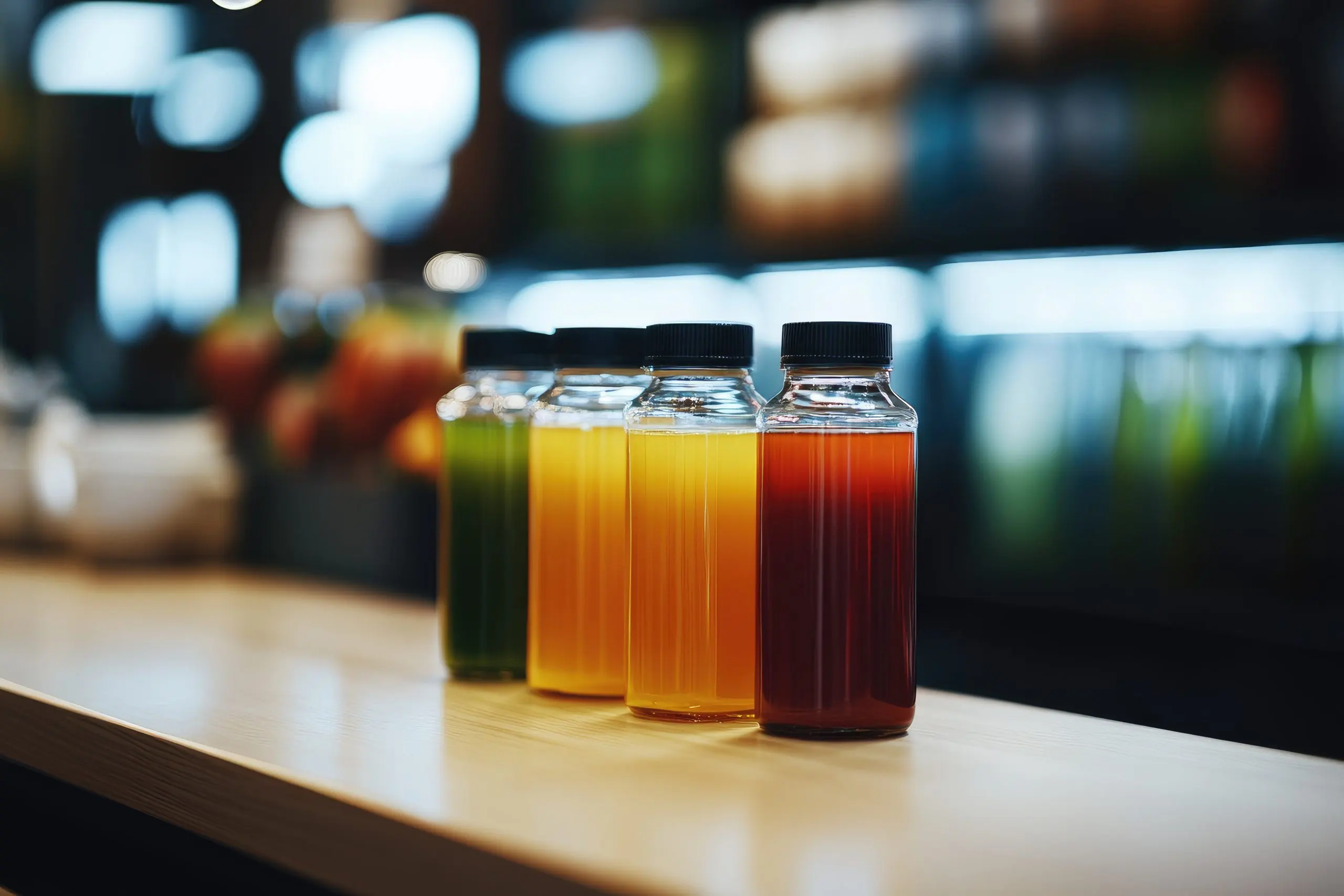 Philippines Health Drinks Market Expands as Soft Drinks Reach USD 4.1 Billion With Healthier Beverage Variants Gaining Visibility four-bottles-colorful-juice-lined-up-counter-scaled