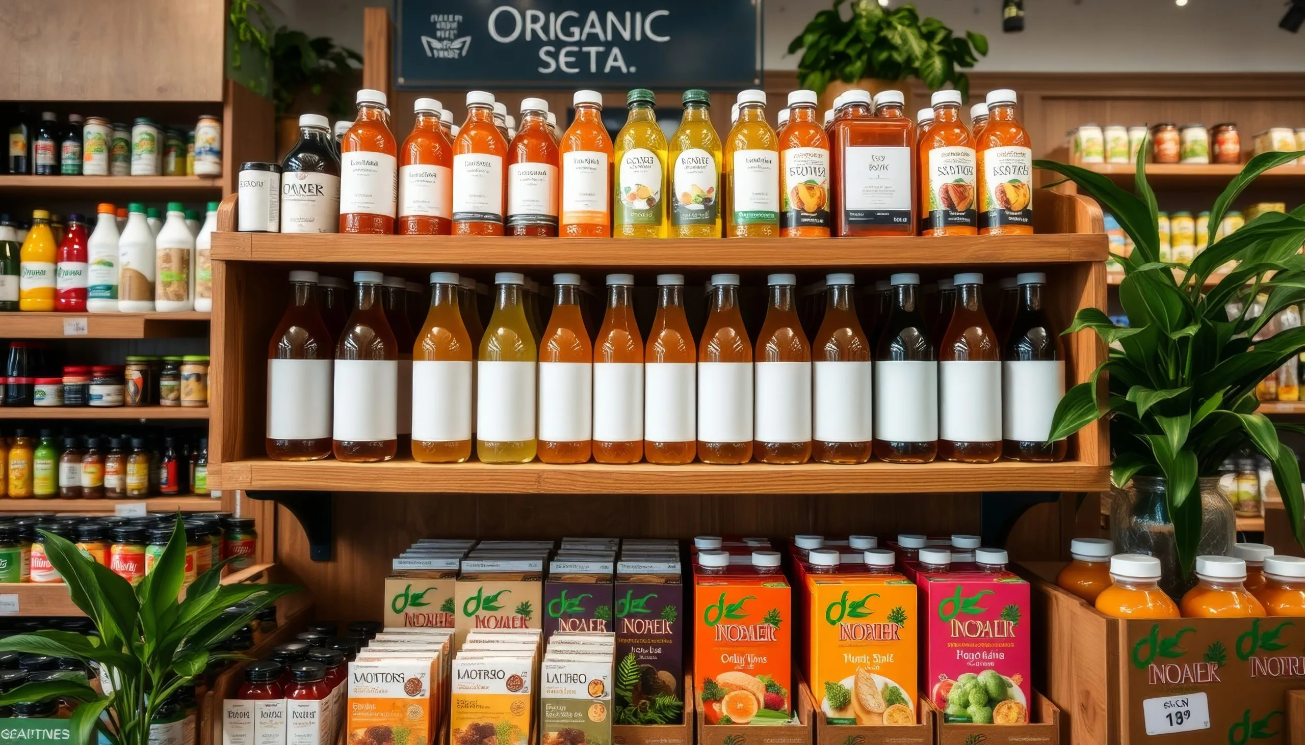 UK Beverage Packaging Market Outlook to 2035 organic-juice-bottles-shelf-display-health-food-store-scaled