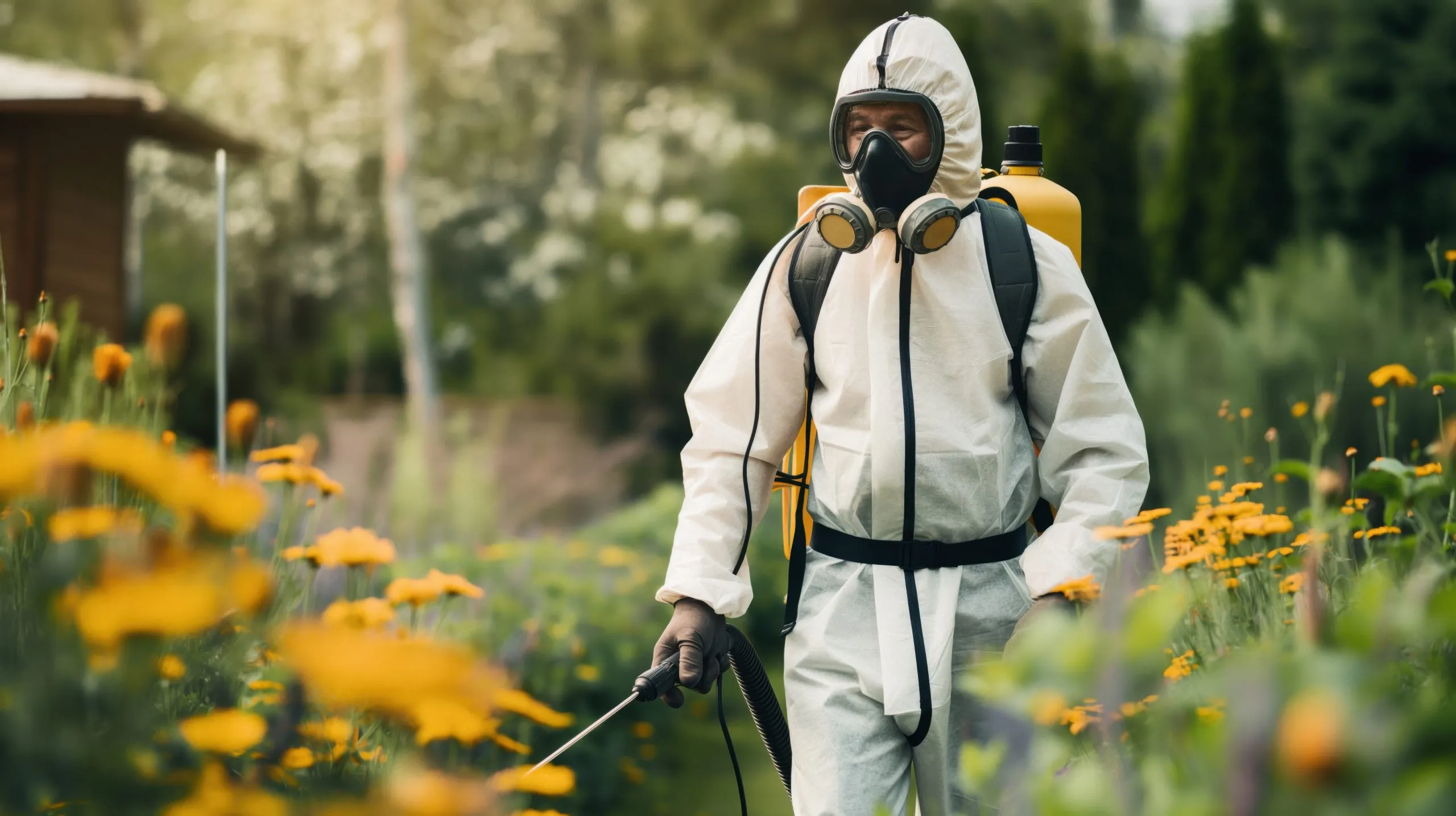 Philippines Insecticide Market Advances as Asia Pacific Insecticide Demand Reaches USD 6.62 Billion person-hazmat-suit-with-respirator-spraying-pesticide-garden-with-yellow-flowers-scaled