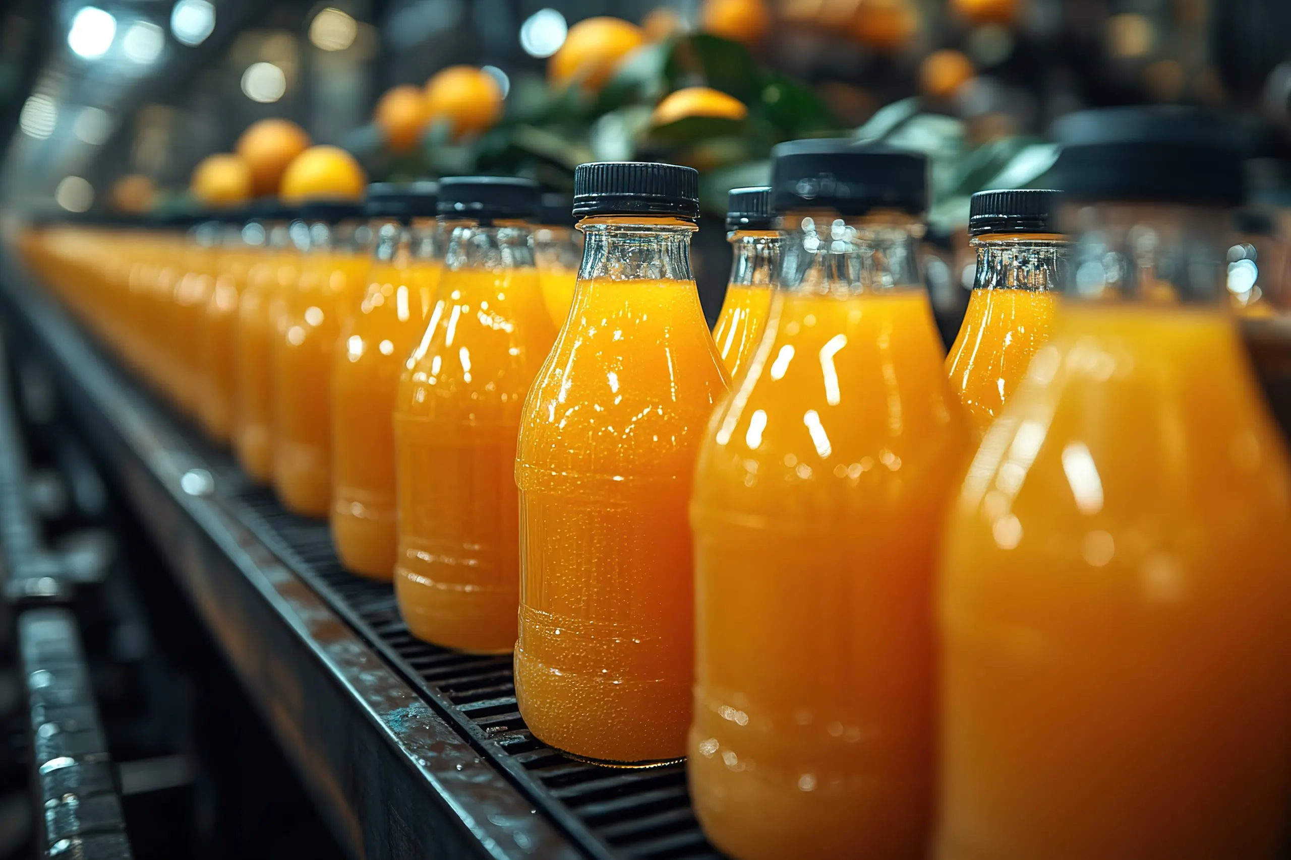 Nigeria Beverage Packaging Market Outlook to 2035 row-orange-juice-bottles-conveyor-belt-scaled